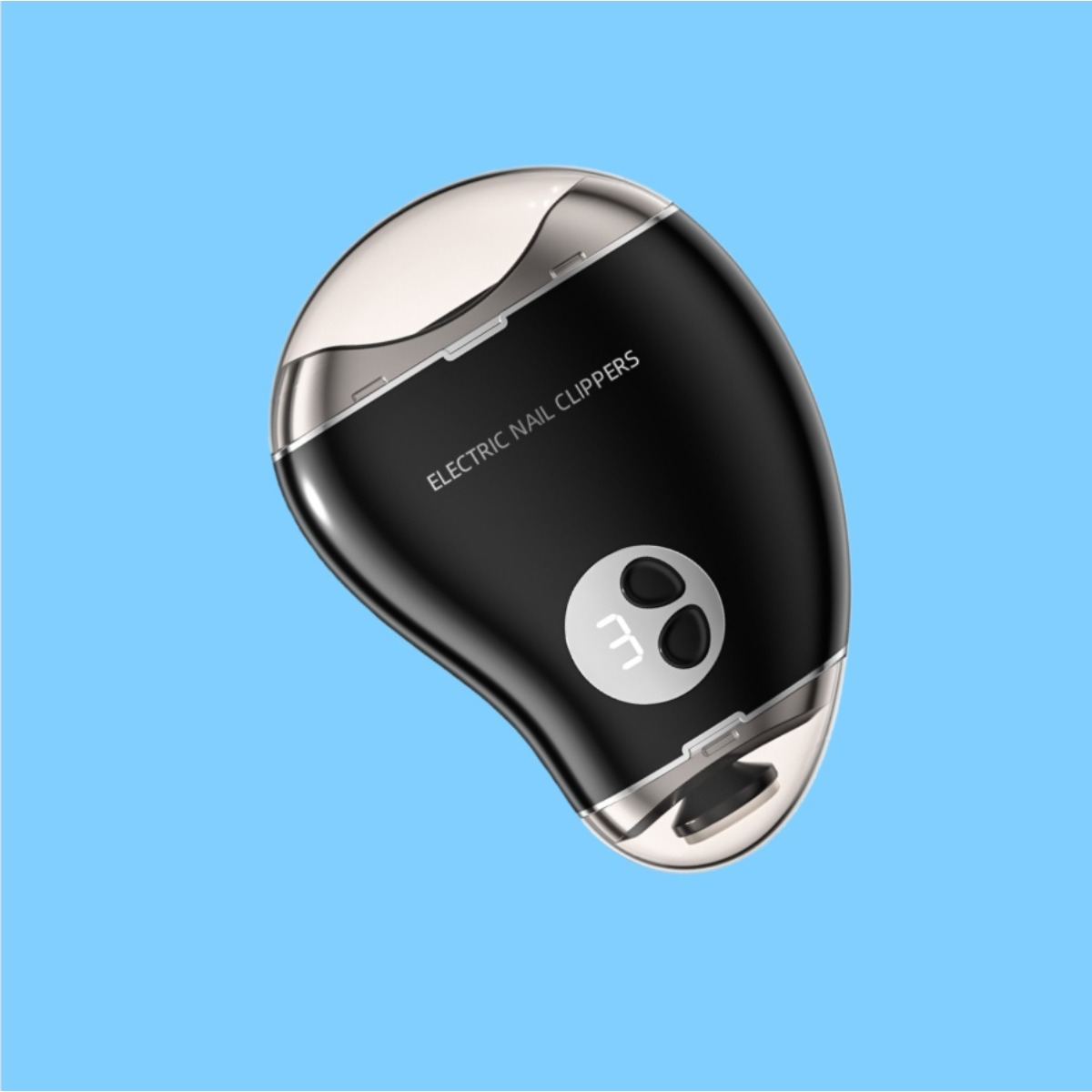 Czarny elektryczny obcinacz do paznokci z srebrnymi akcentami i cyfrowym wyświetlaczem.