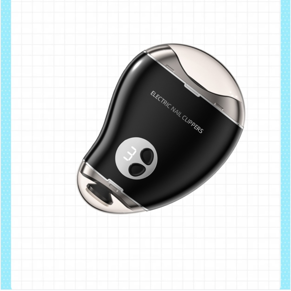 Czarny elektryczny obcinacz do paznokci ze srebrnymi akcentami i cyfrowym wyświetlaczem.