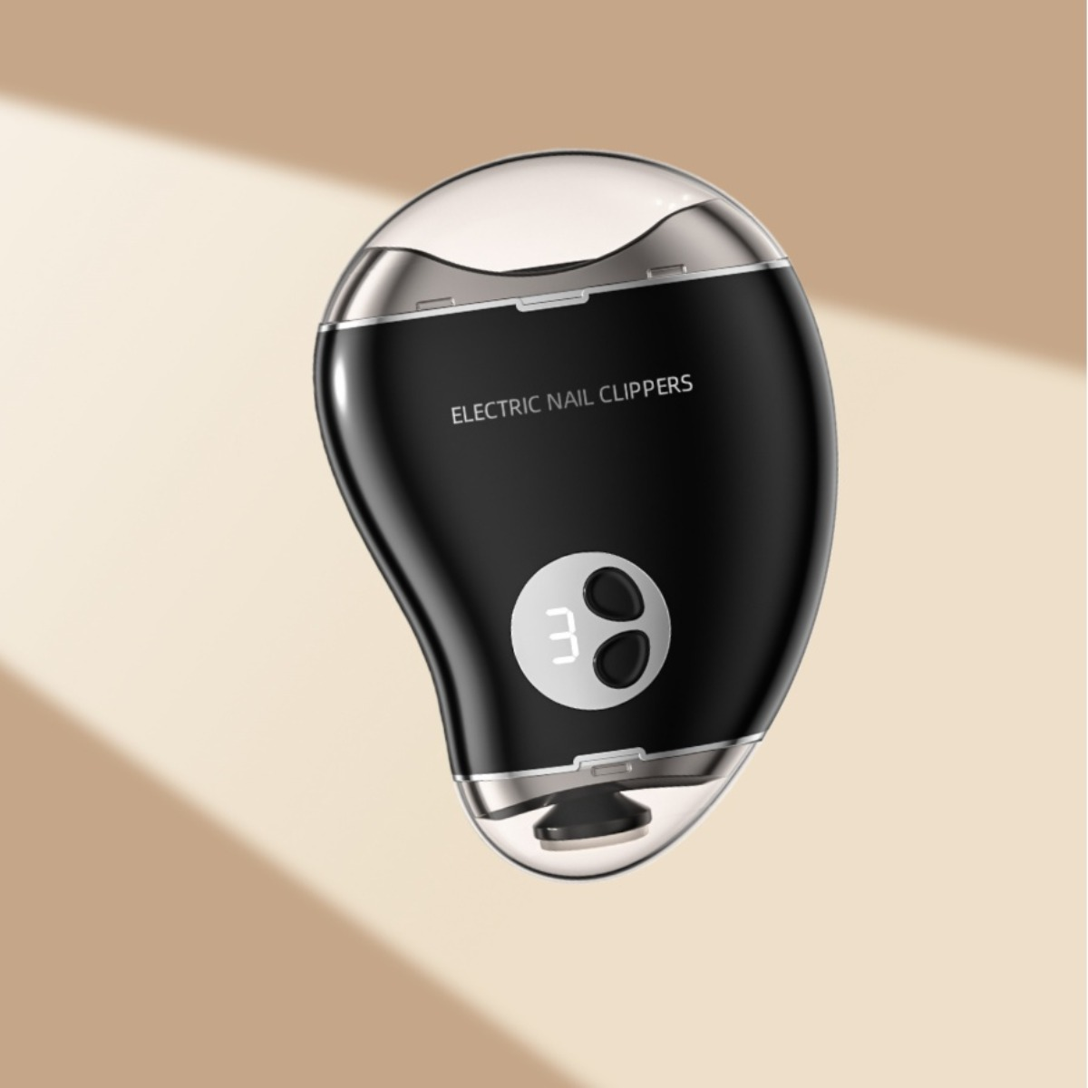 Czarny elektryczny obcinacz do paznokci z cyfrowym wyświetlaczem na jasnym tle.