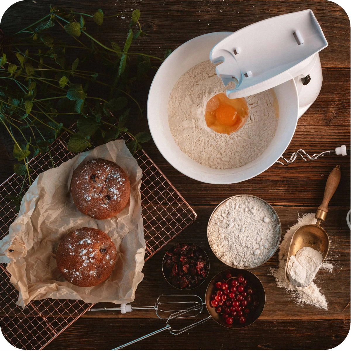 Składniki do pieczenia na drewnianym stole: mąka, jajko, jagody, mięta, ciasta i mikser.