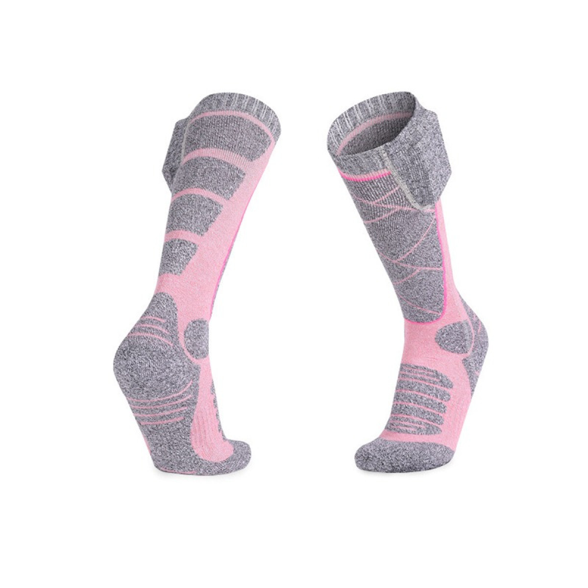 Dwie różowe i szare skarpety narciarskie z wyściółką.