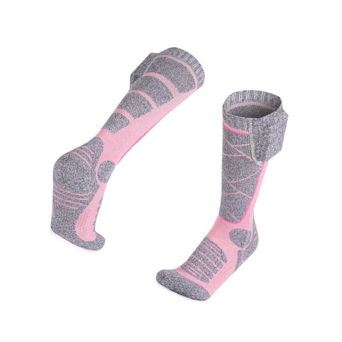 Dwie różowo-szare skarpety narciarskie z wyściółką i paskiem.