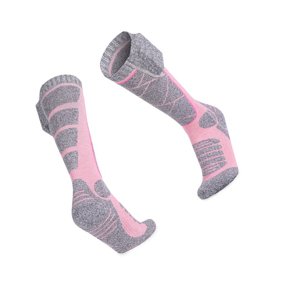 Szare i różowe skarpety narciarskie ze wzorem warkocz.