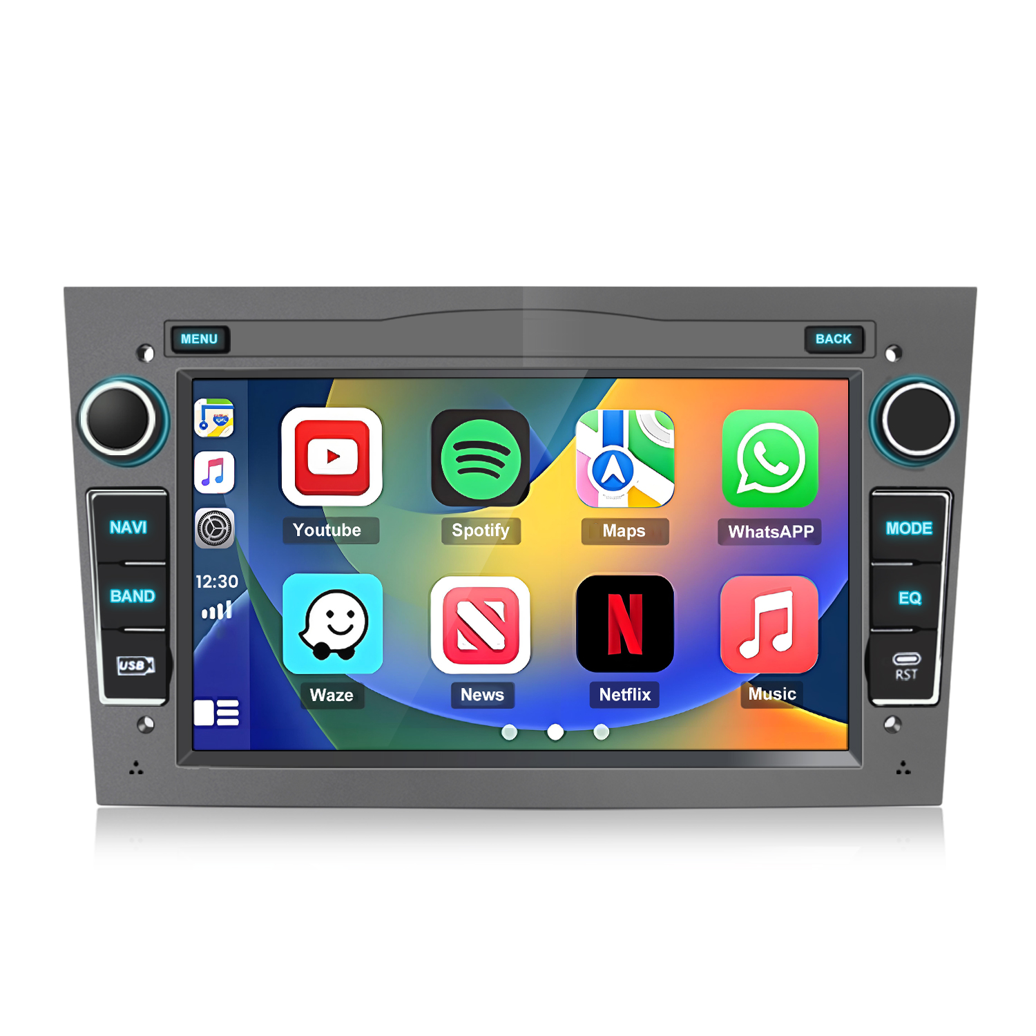 Schermo di infotainment per auto con icone di app: Youtube, Spotify, Maps, WhatsApp, Waze, News, Netflix, Music.