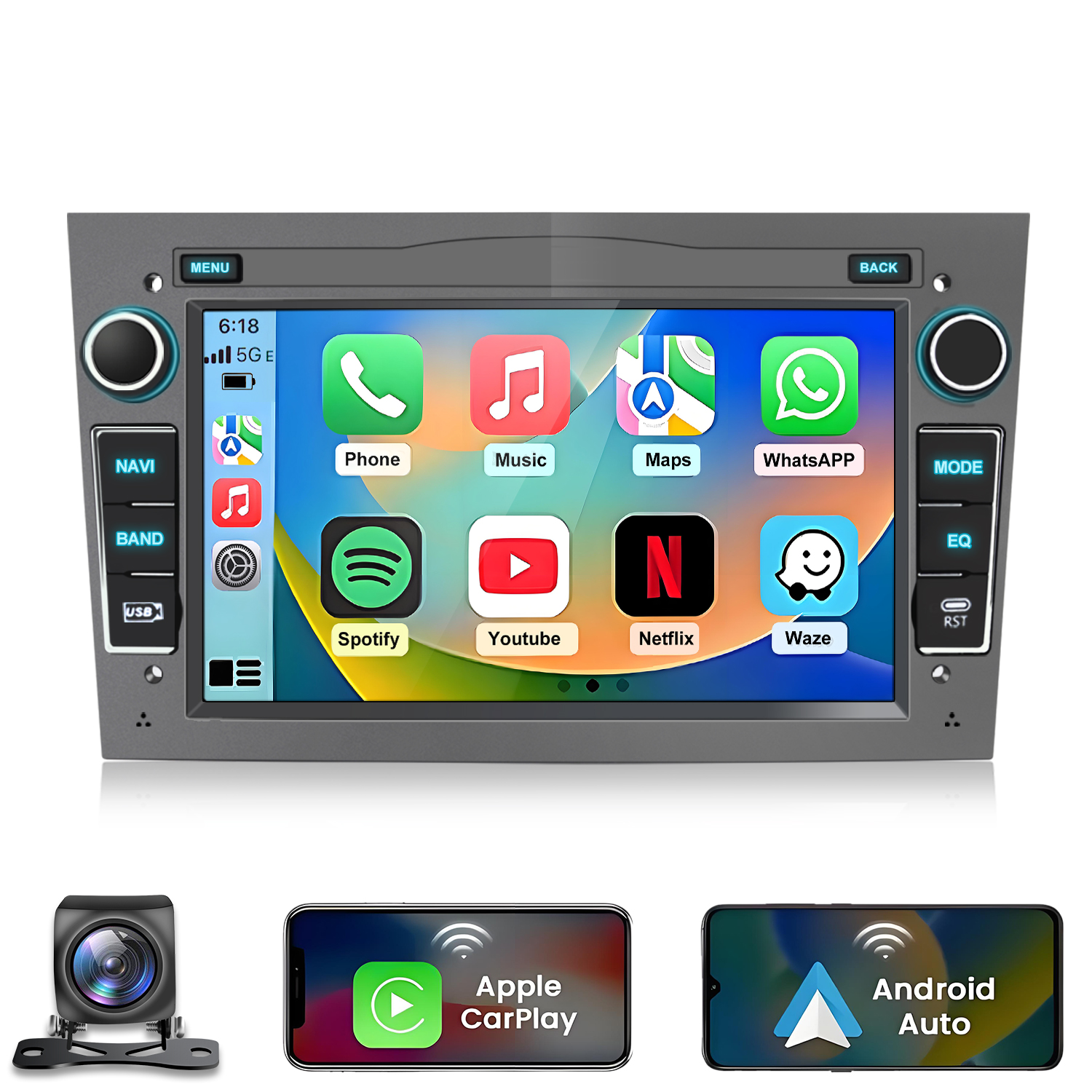 Radio samochodowe z aplikacjami, kamerą cofania, iPhone i Android.