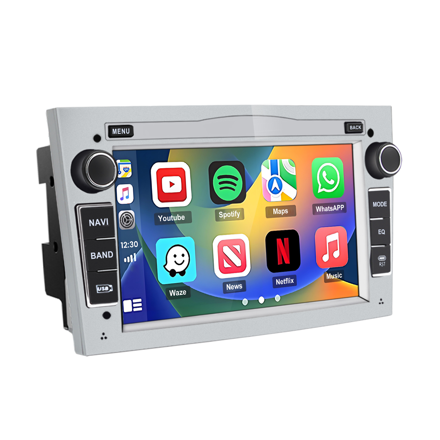 Ein Autoradio-Bildschirm zeigt App-Symbole wie YouTube, Spotify, Maps, WhatsApp, Waze, News, Netflix und Musik.