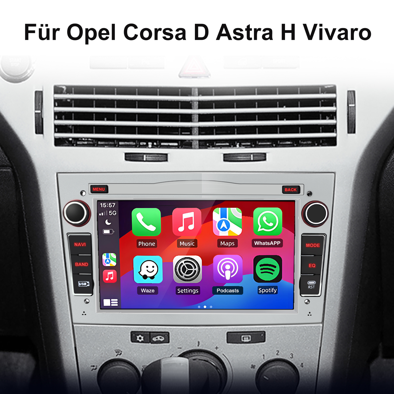 Fahrzeug-Infotainmentsystem mit App-Icons: Telefon, Musik, Karten, WhatsApp.