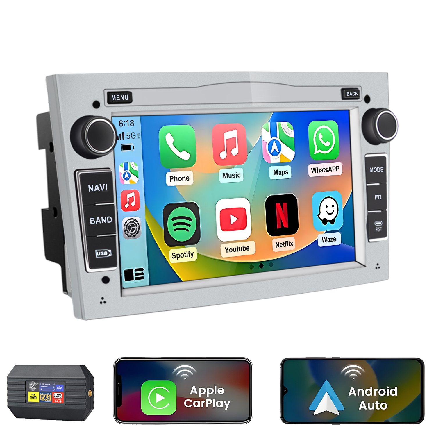 Auto-Infotainmentsystem mit Apps, Mobiltelefonen und einem Steuergerät.