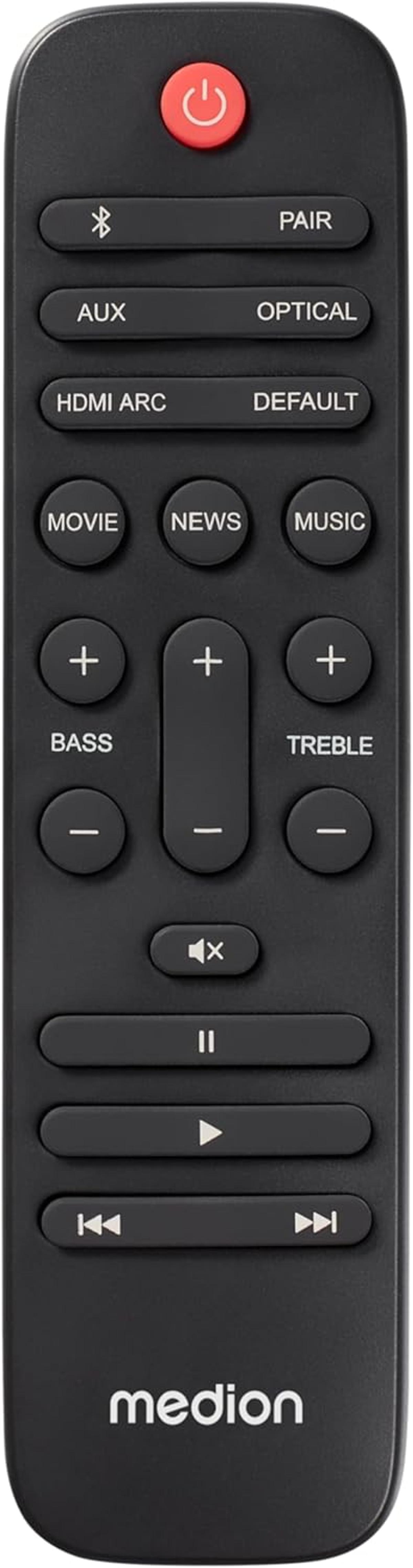 Czarny pilot z czerwonym przyciskiem zasilania i przyciskami.