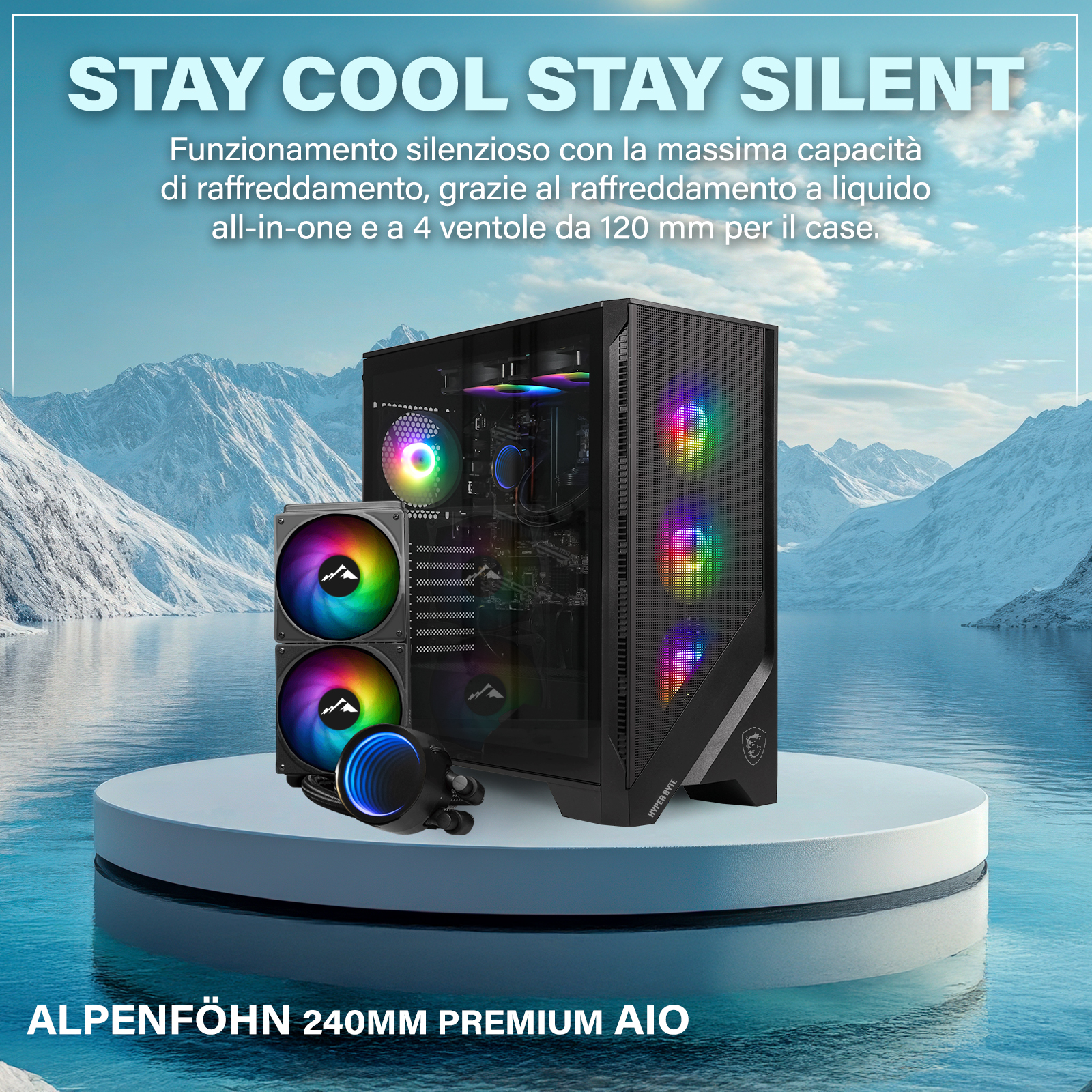 Un case per PC con ventole RGB e raffreddamento a liquido su sfondo di montagne innevate.