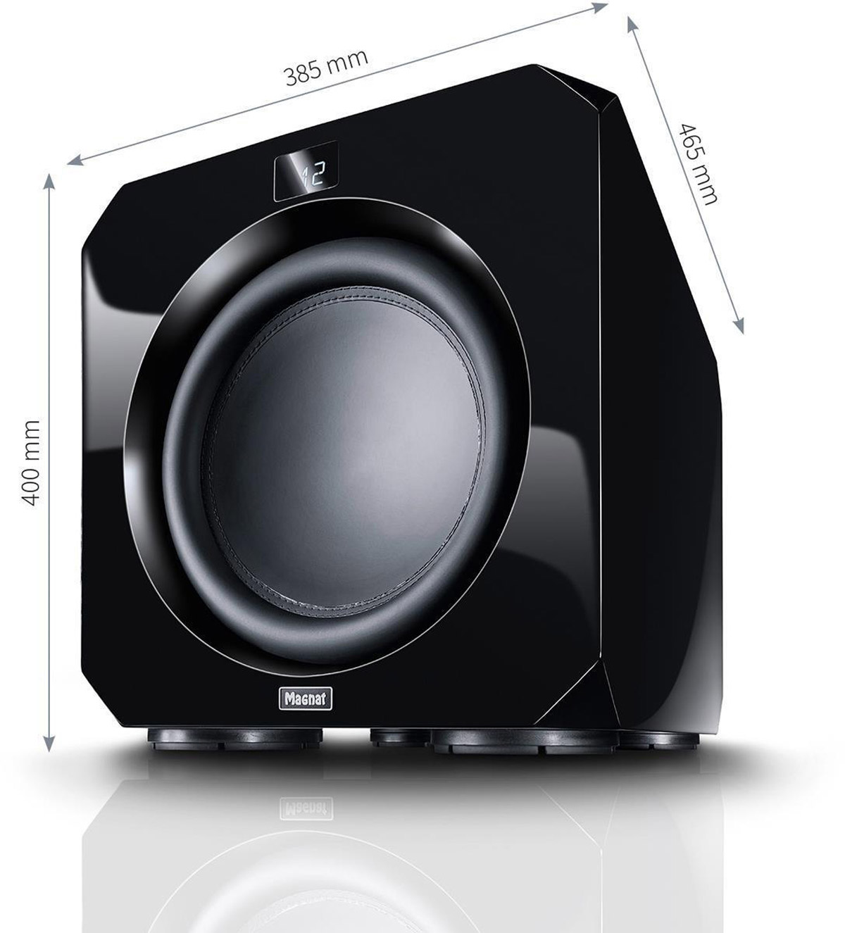 Schwarzer Subwoofer mit silbernem Display und Maßen.