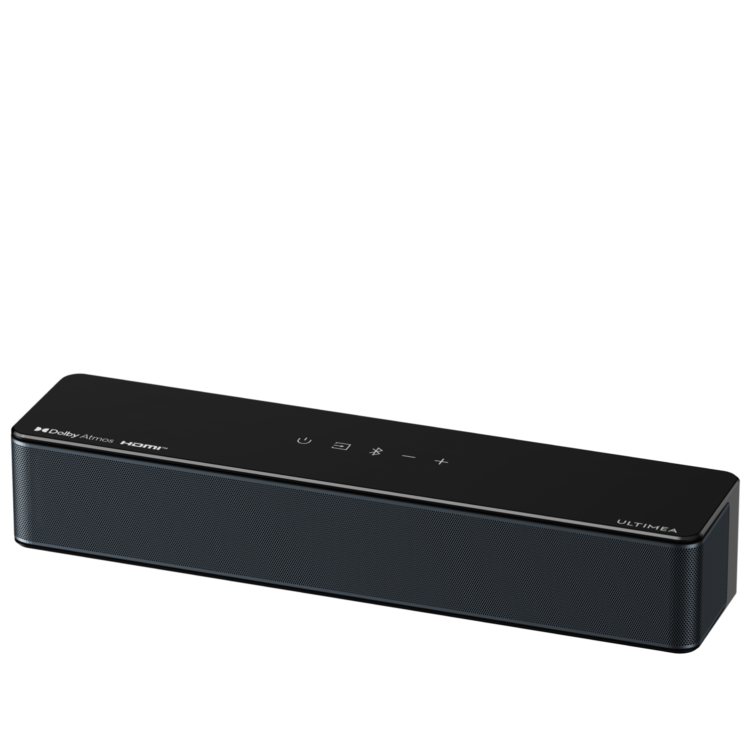 Eine schwarze Ultimea Soundbar mit Dolby Atmos und HDMI Logos. Oberseite hat Knöpfe.