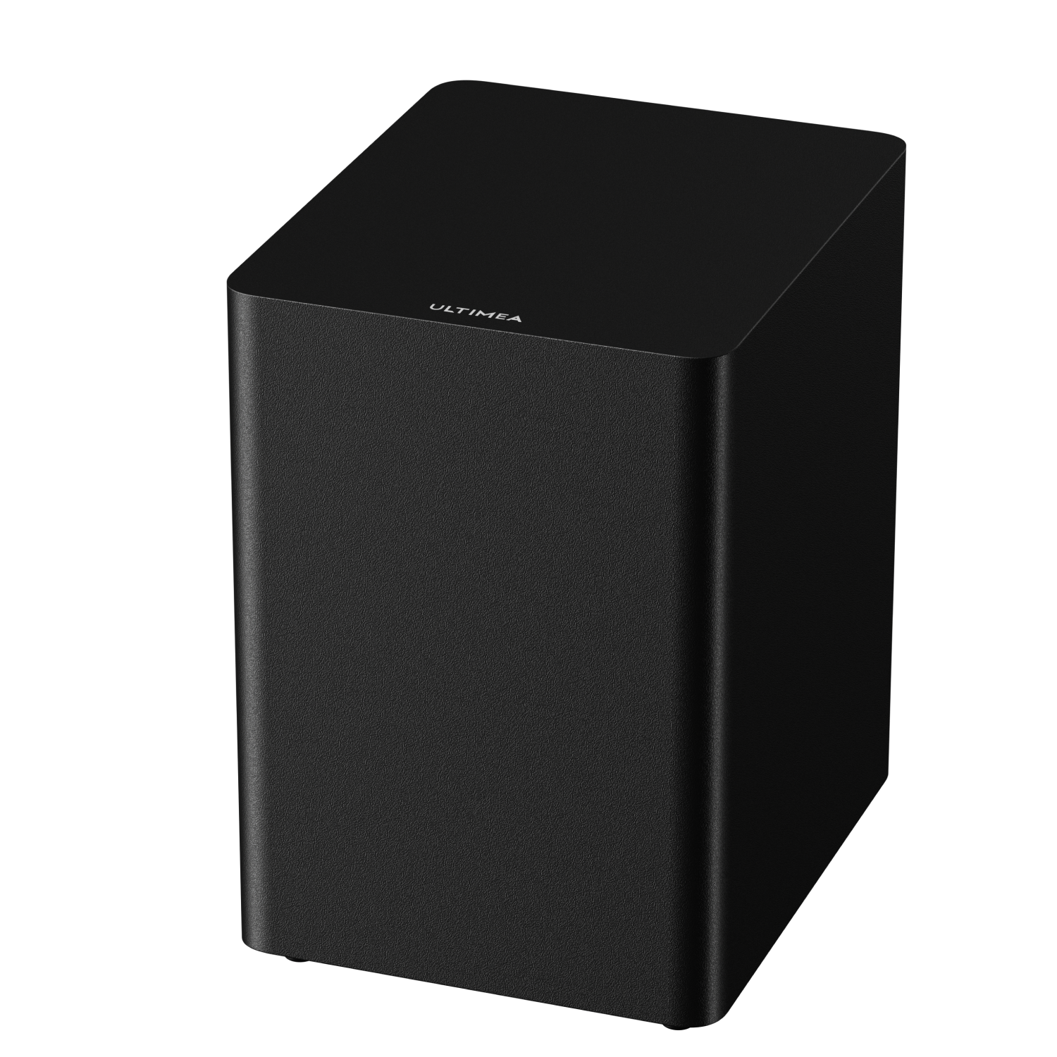 Ein schwarzer, rechteckiger Subwoofer mit dem Markennamen ULTIMEA auf der Oberseite.