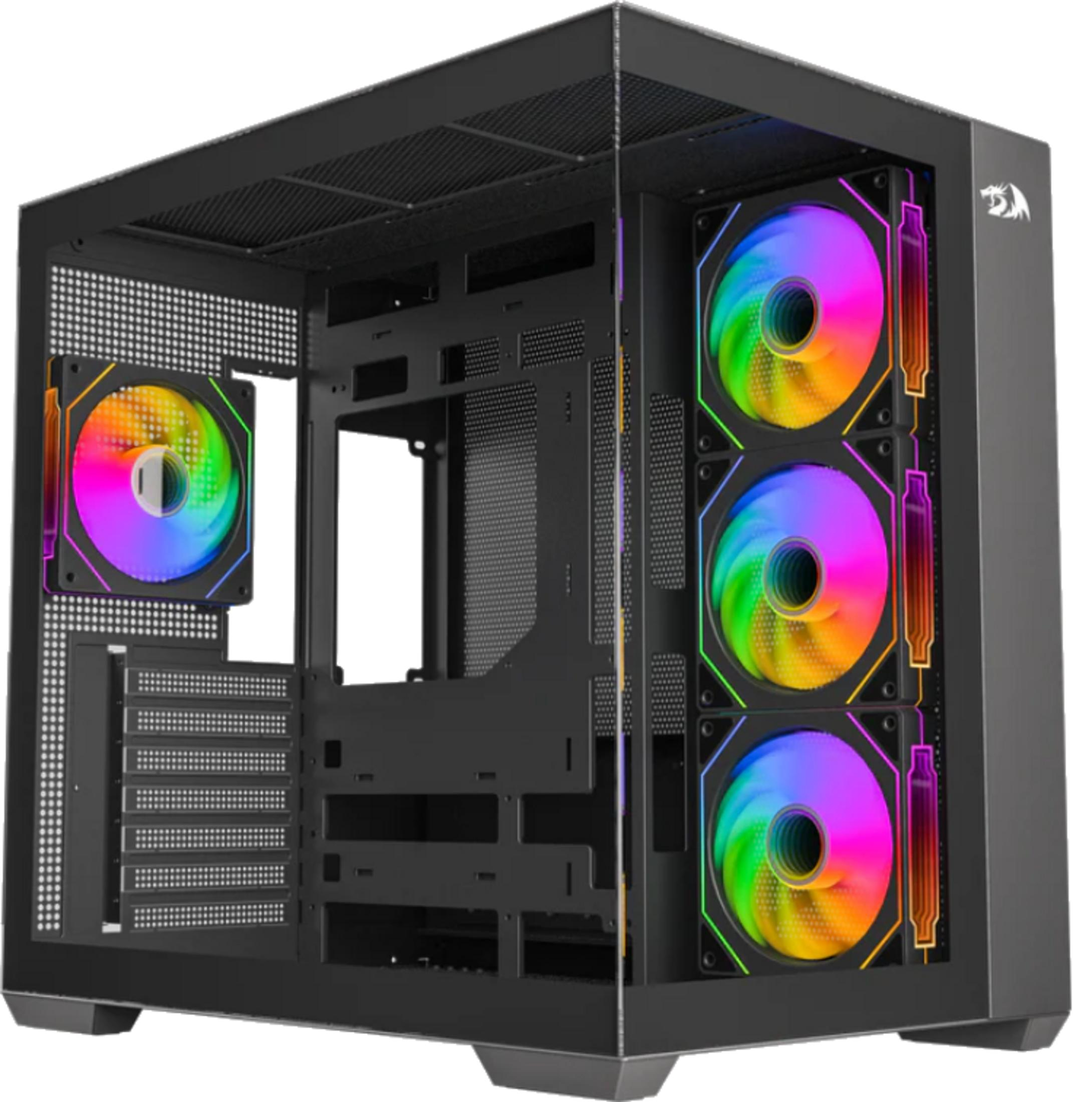 Case PC nero con ventole RGB e pannello frontale in vetro.