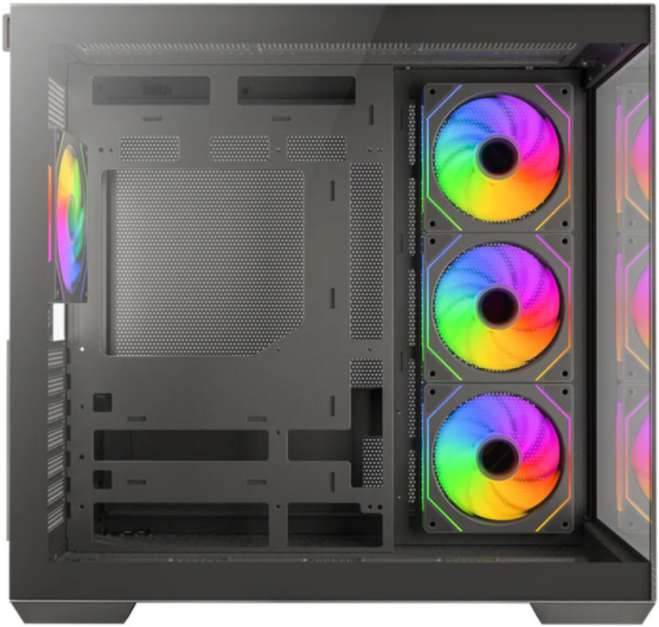 Un case per PC con tre ventole RGB frontali e una ventola a sinistra.