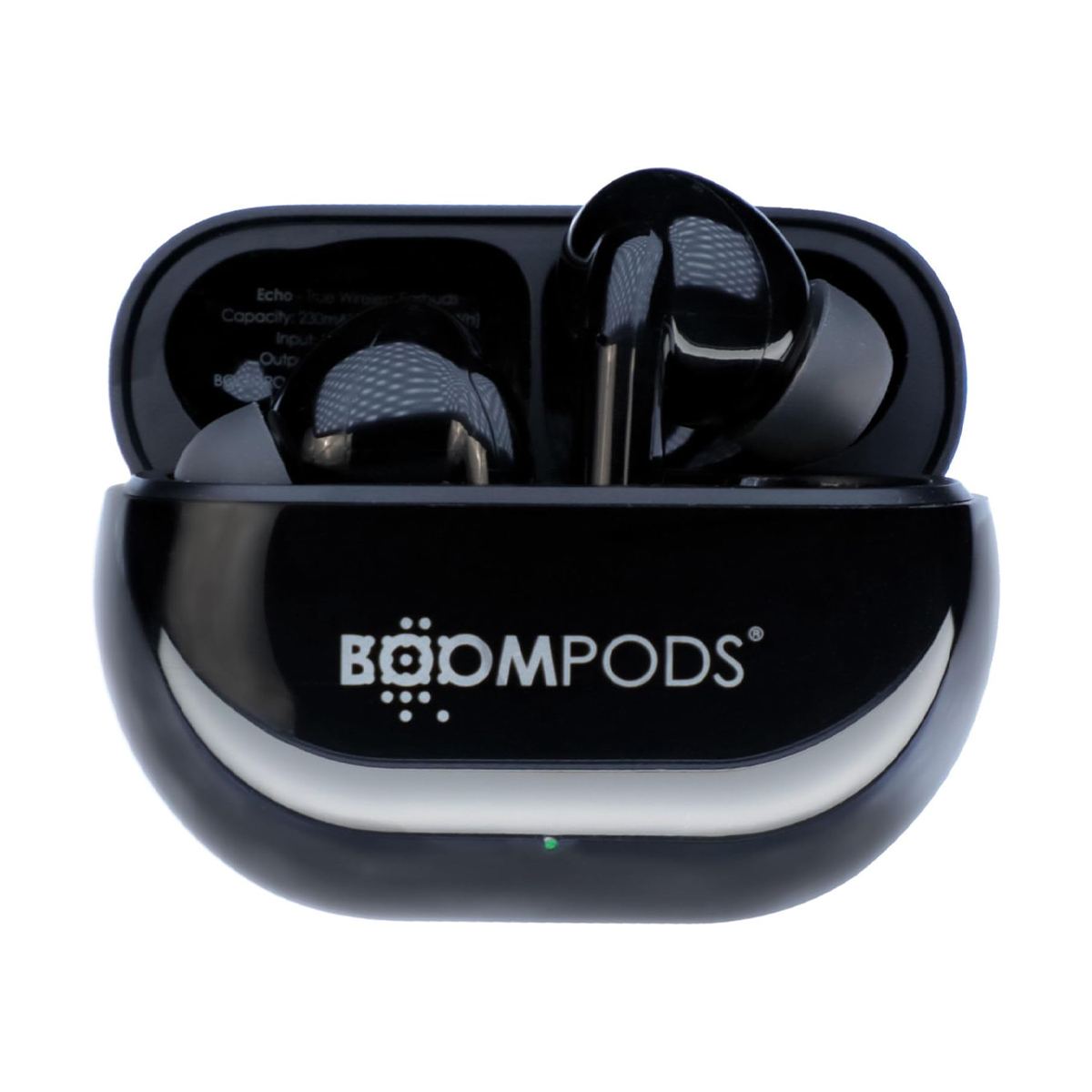 Schwarze kabellose Kopfhörer in geöffneter Ladehülle mit BOOMPODS-Logo.