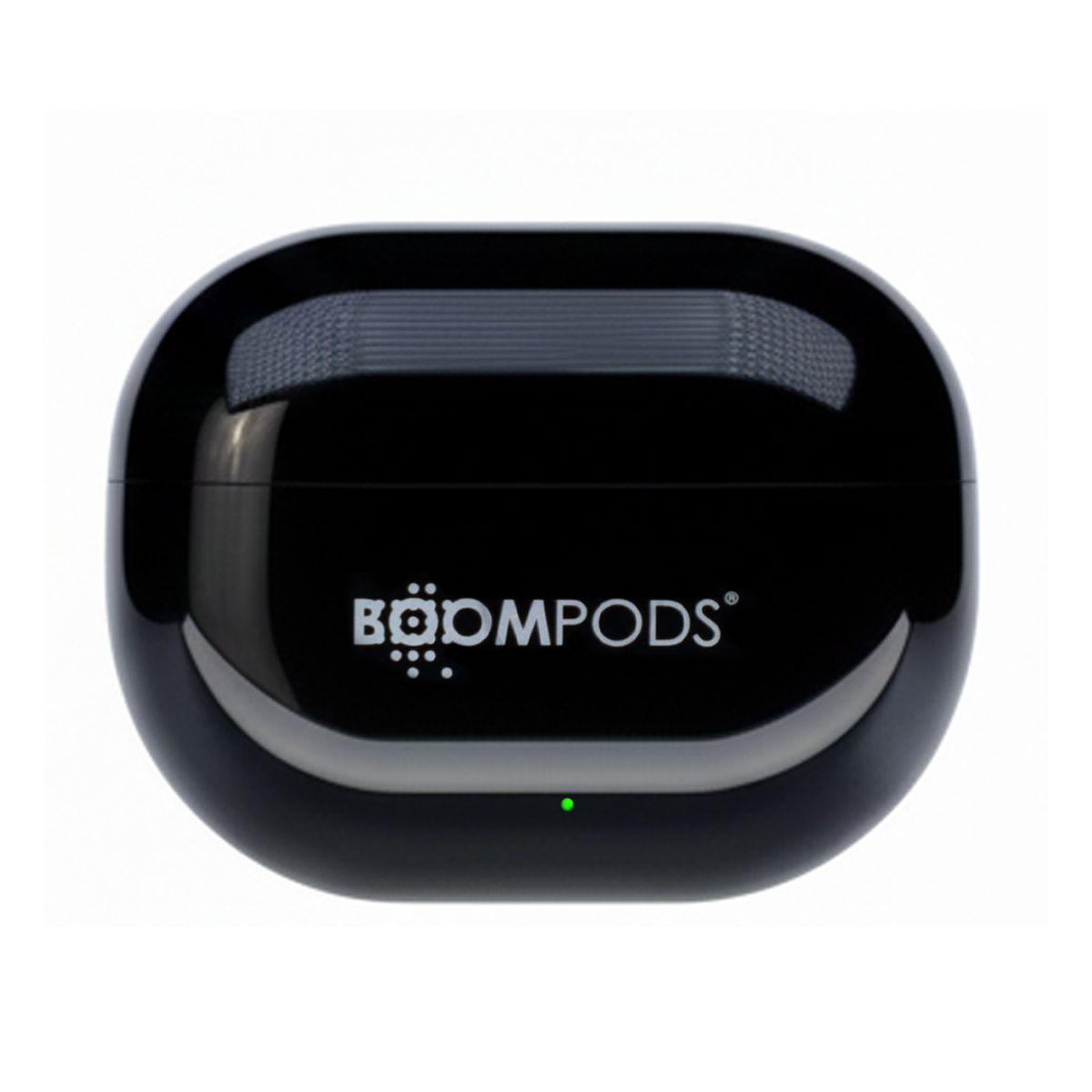Glänzendes schwarzes Ladecase mit BOOMPODS-Logo und kleinem grünen Licht.