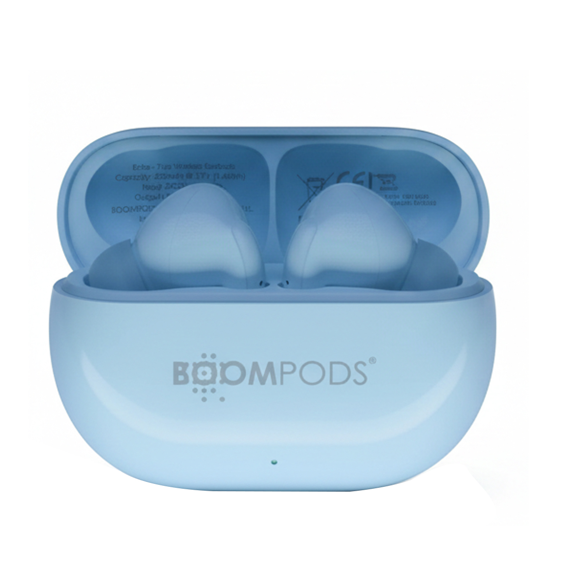 Blaue kabellose Ohrhörer in einer geöffneten Ladestation mit dem BOOMPODS-Logo.