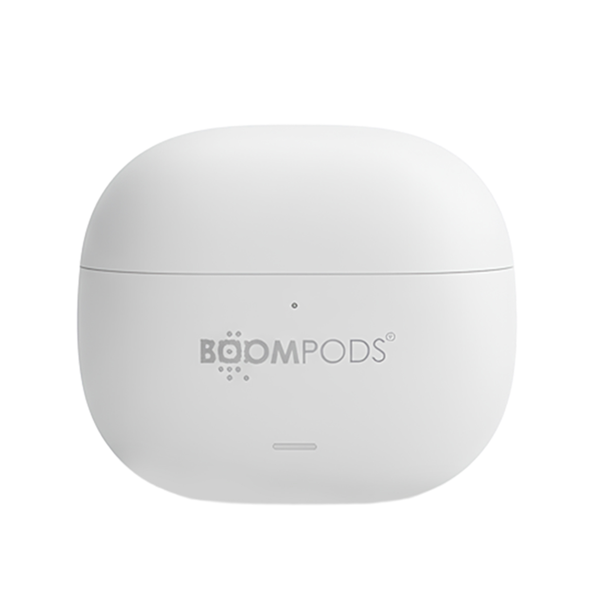 Ein weißes Ladeetui mit dem BOOMPODS-Logo und einem Ladeindikator.