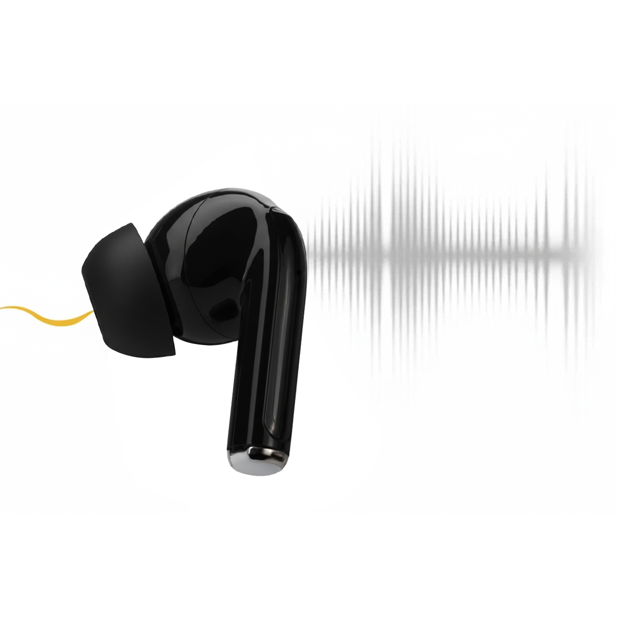 Ein schwarzer Earbud mit einem Schallwellensymbol dahinter auf weißem Hintergrund.