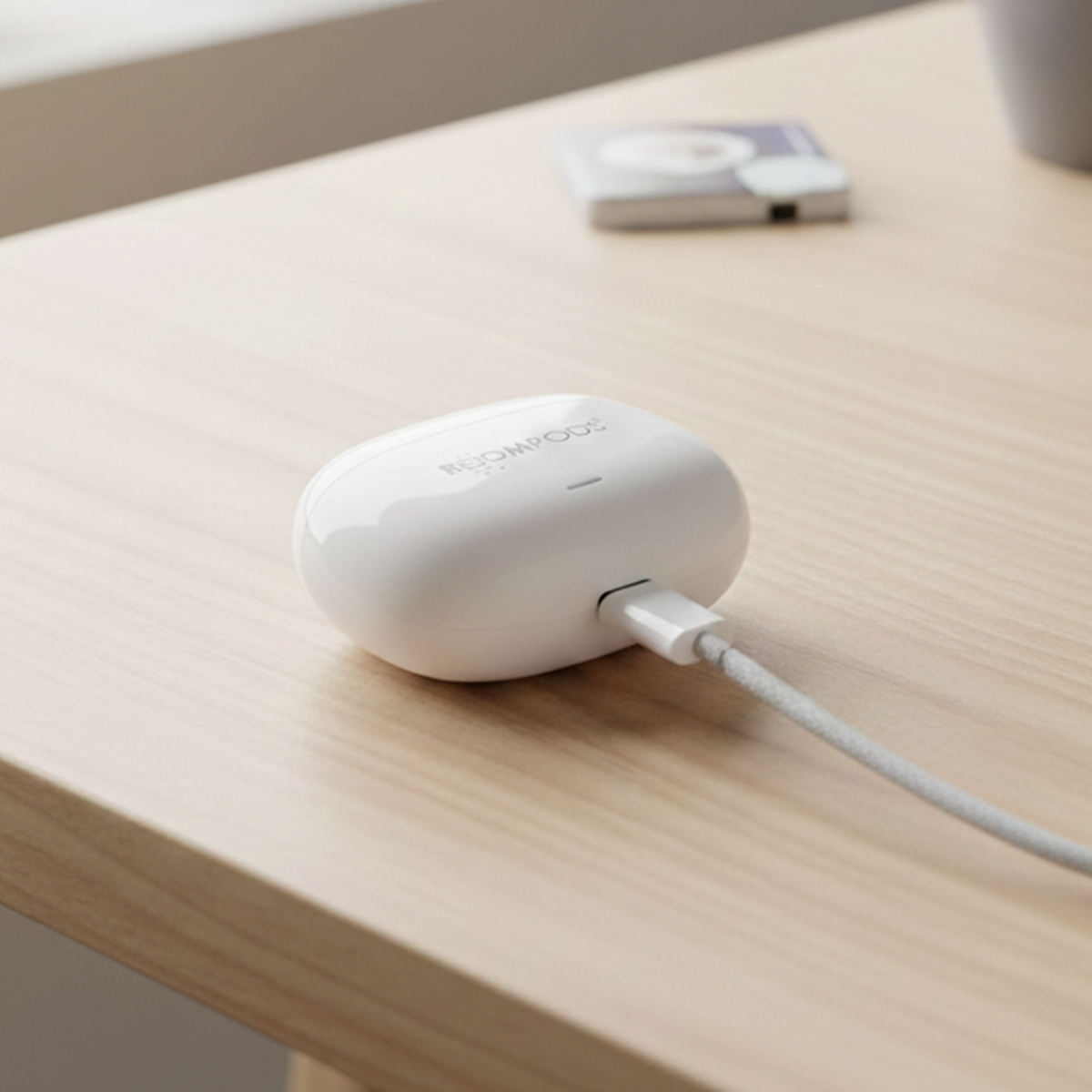 Ein weißes Ladecase für Kopfhörer mit einem USB-C-Kabel, das an ein Ladeport angeschlossen ist.