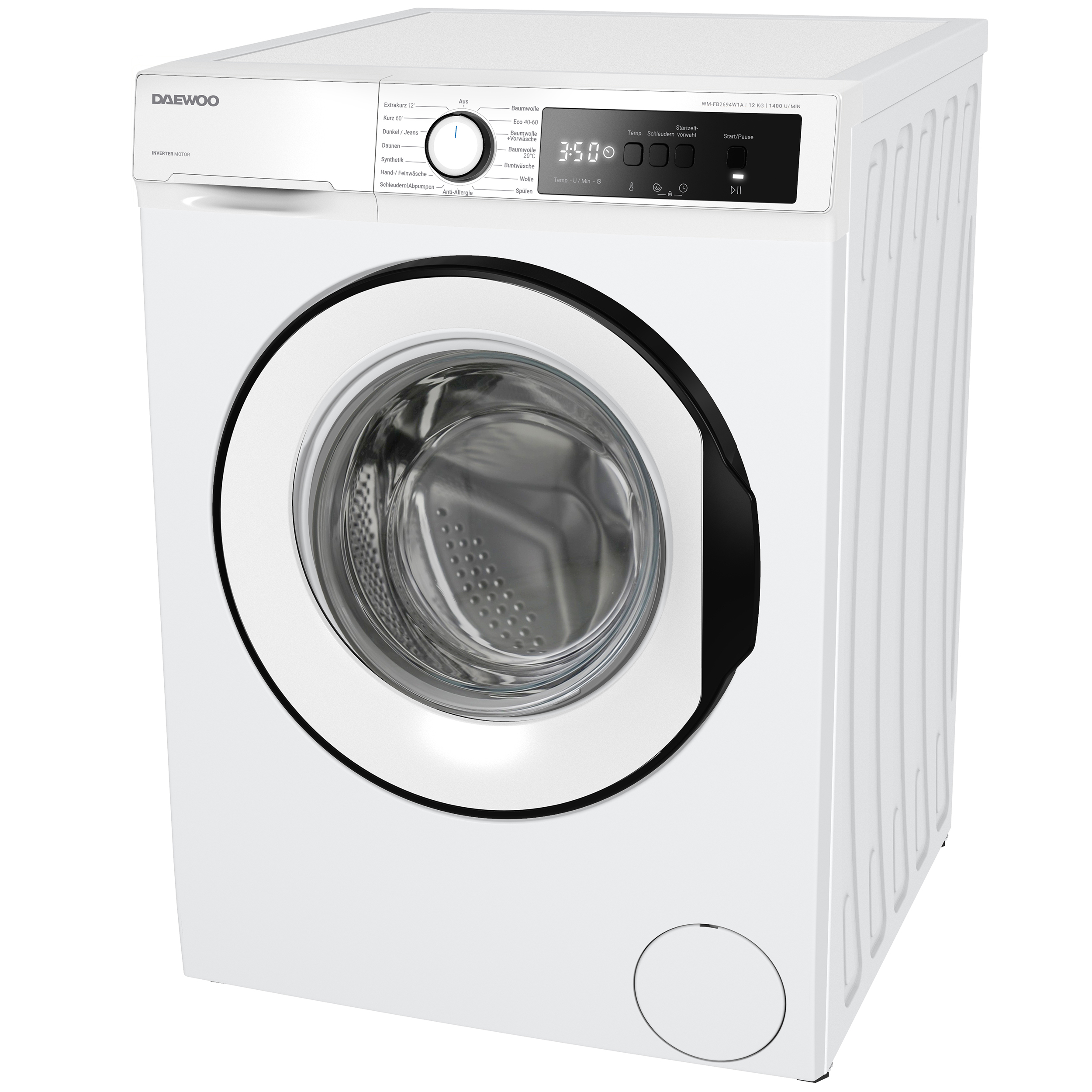 Eine weiße Daewoo Waschmaschine mit schwarzem Bullauge und Bedienfeld.