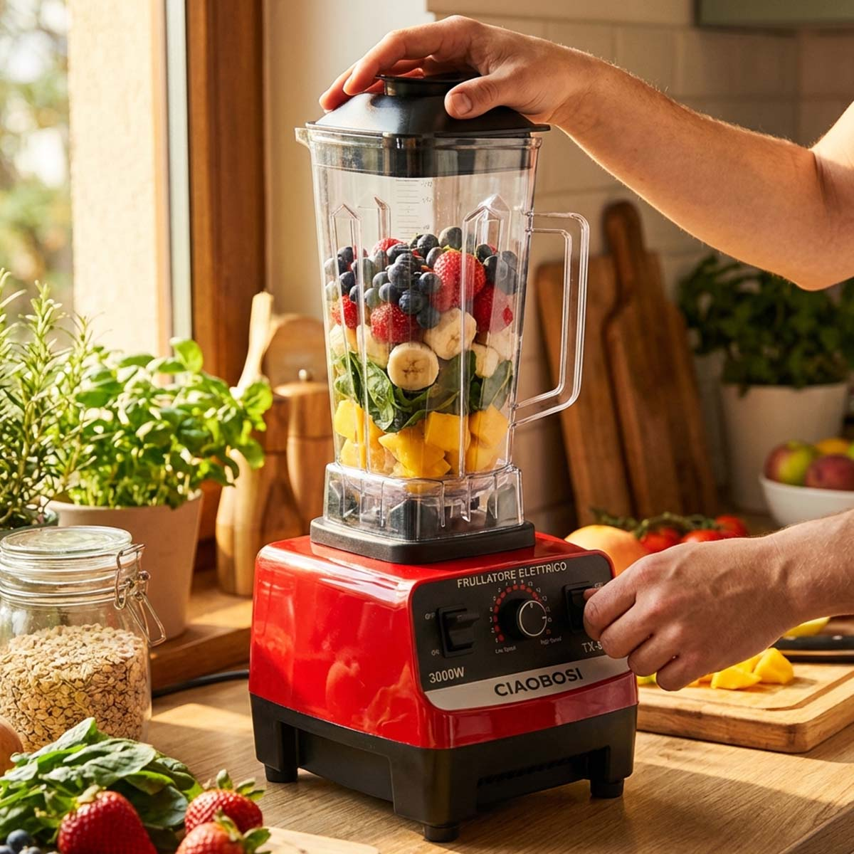 Una licuadora roja con fruta y espinacas, lista para hacer un batido.