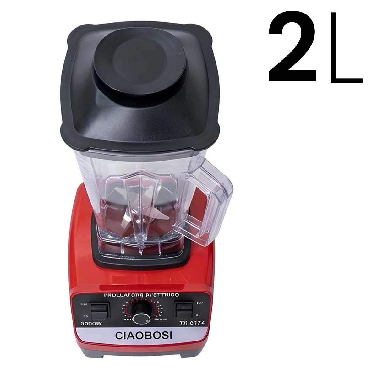 Una licuadora roja con capacidad de 2L y tapa negra.