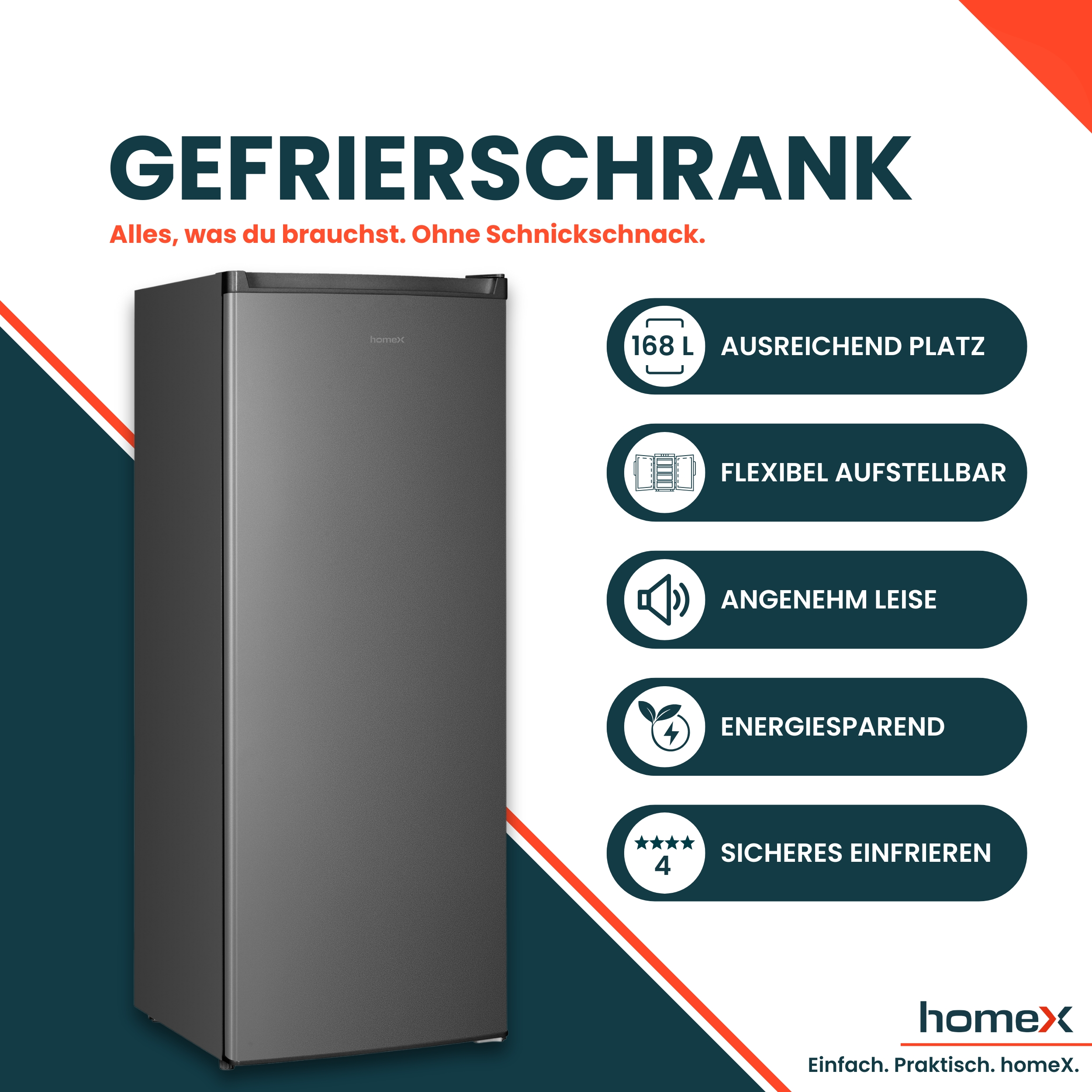 Ein dunkler Gefrierschrank mit Features: 168L, flexibel, leise, sparsam, sicher.