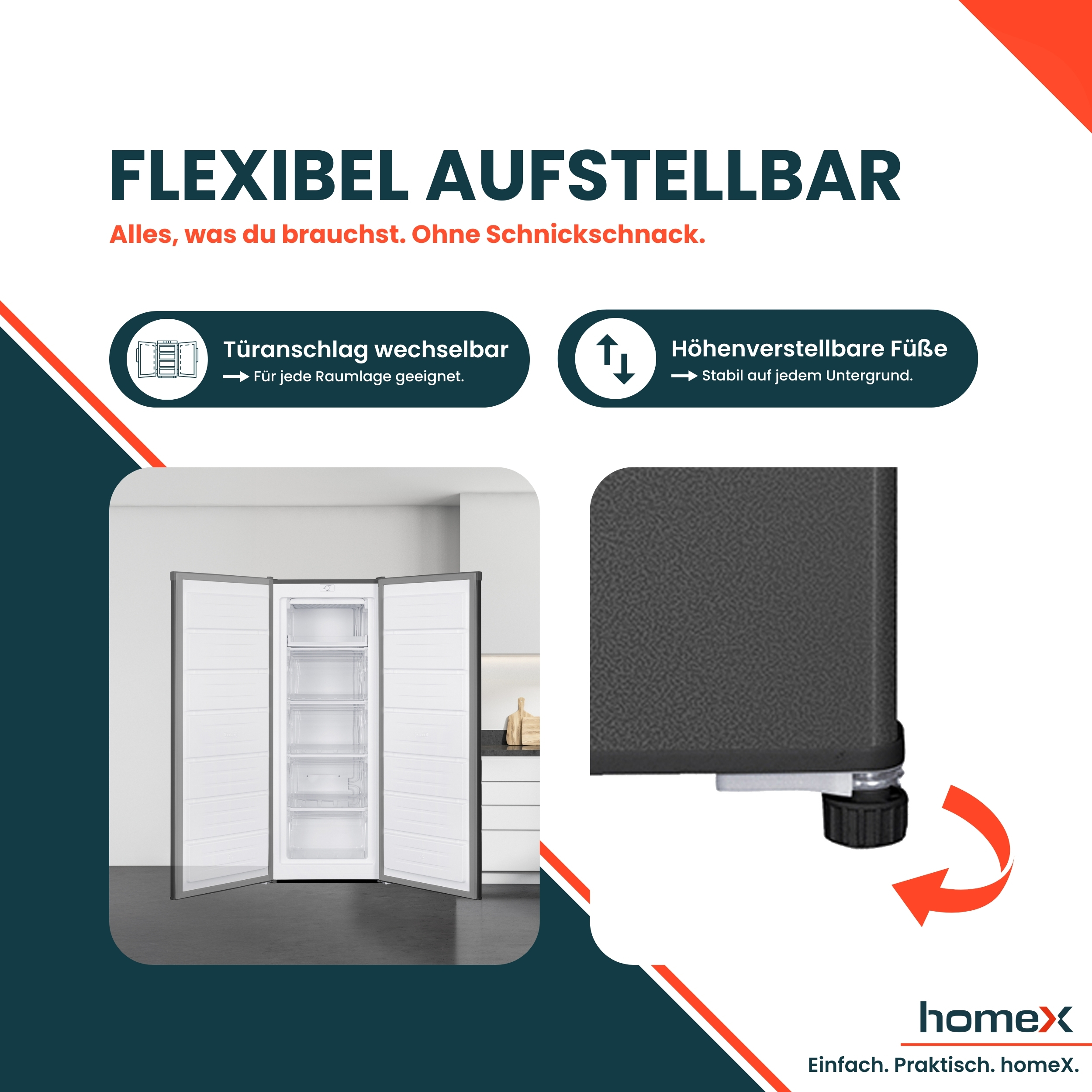 Ein freistehender Kühlschrank mit offenen Türen und verstellbaren Füßen.