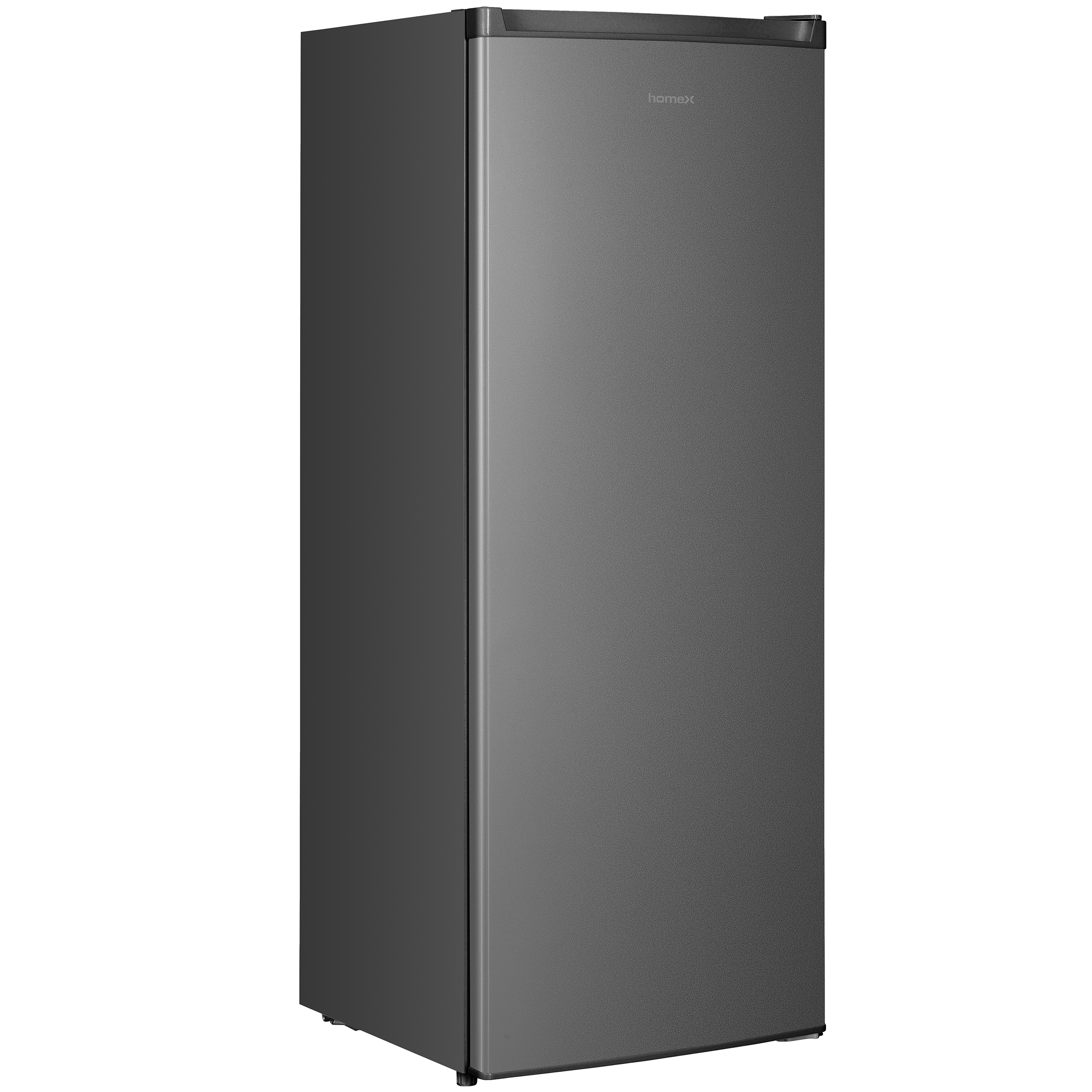 Ein dunkler, schmaler Kühlschrank mit dem Homex-Logo oben auf der Tür.