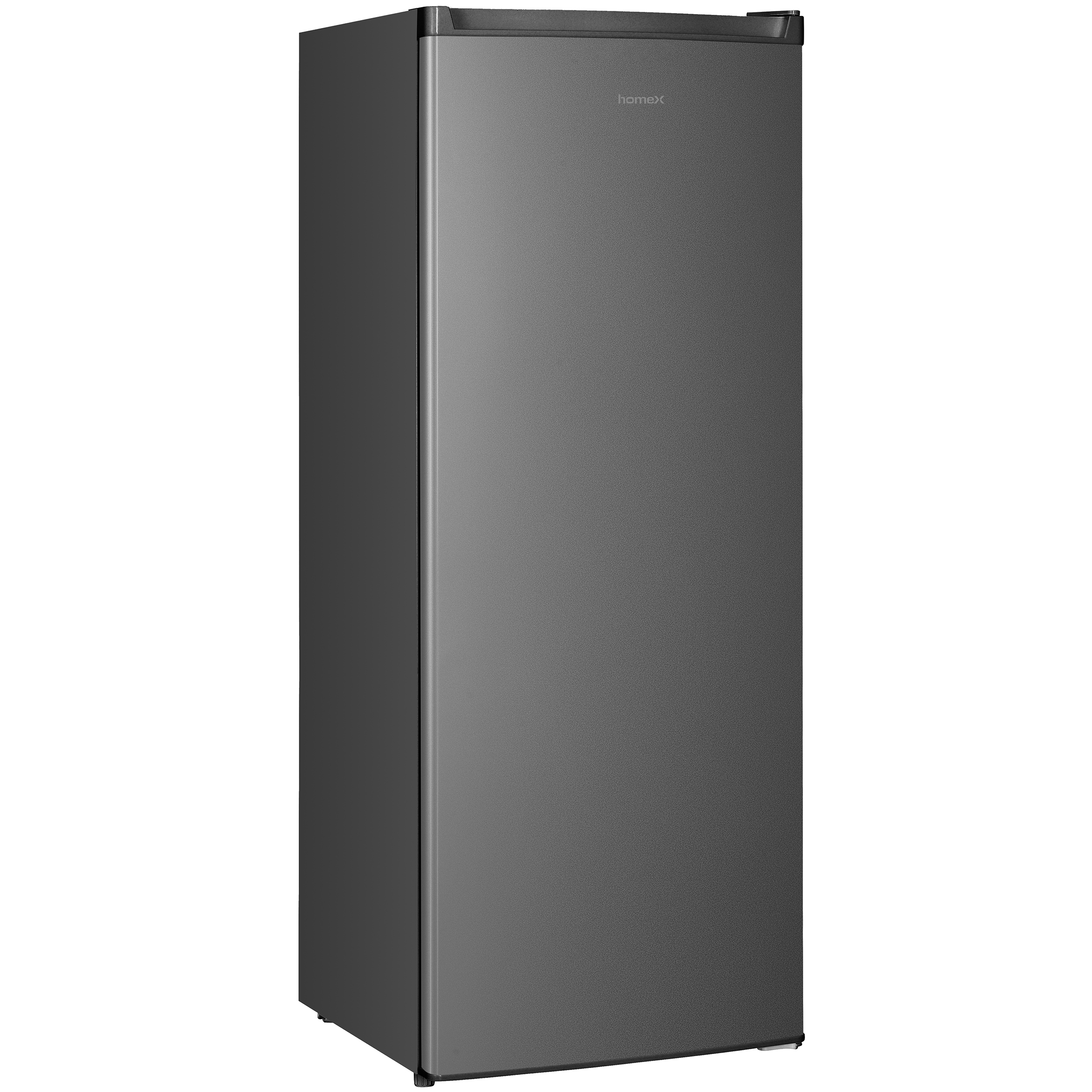 Ein schmaler, dunkler Kühlschrank mit der Marke Homex.