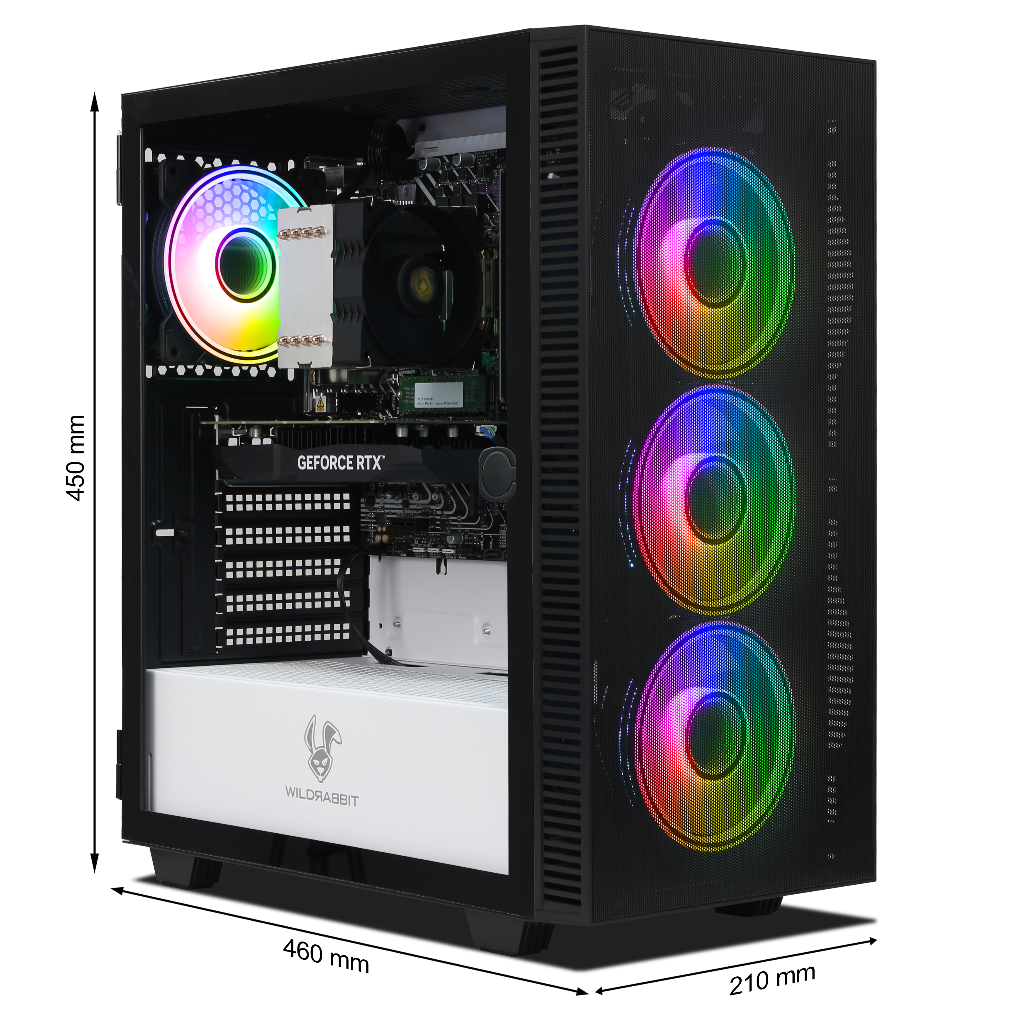 Un case PC nero con ventole RGB, scheda grafica e dimensioni.