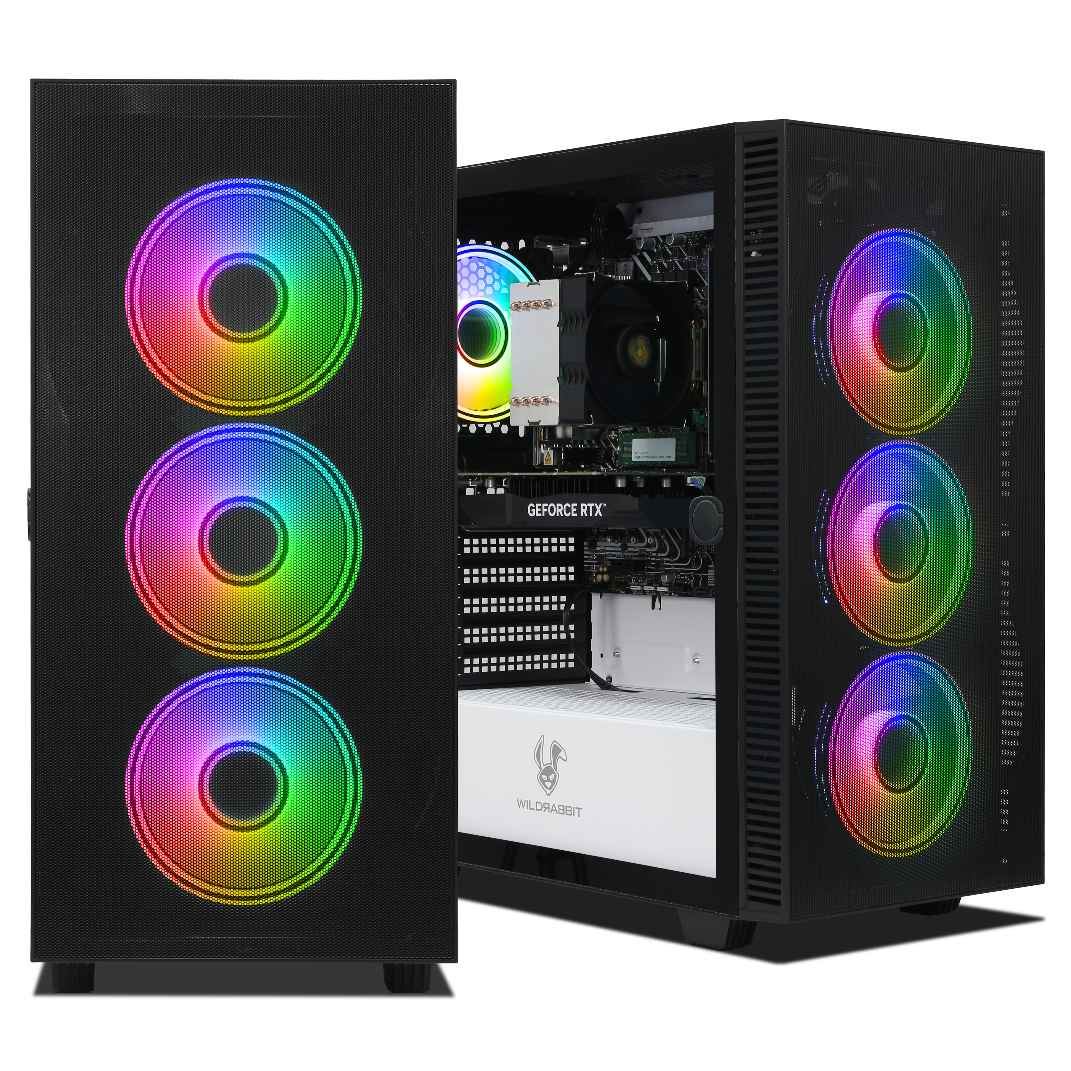 Un case PC nero con ventole RGB, uno aperto che mostra l'interno, l'altro chiuso.