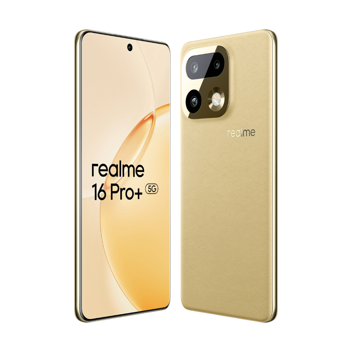 Zwei goldene Realme 16 Pro+ 5G Handys nebeneinander auf weißem Hintergrund.