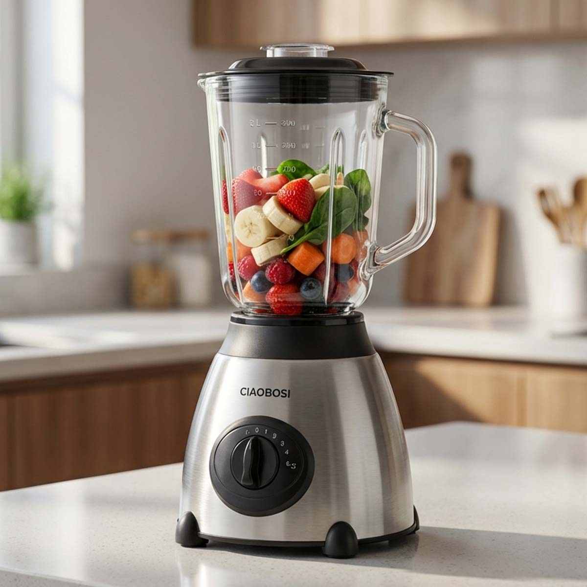 Una licuadora llena de frutas y verduras en una encimera de cocina.