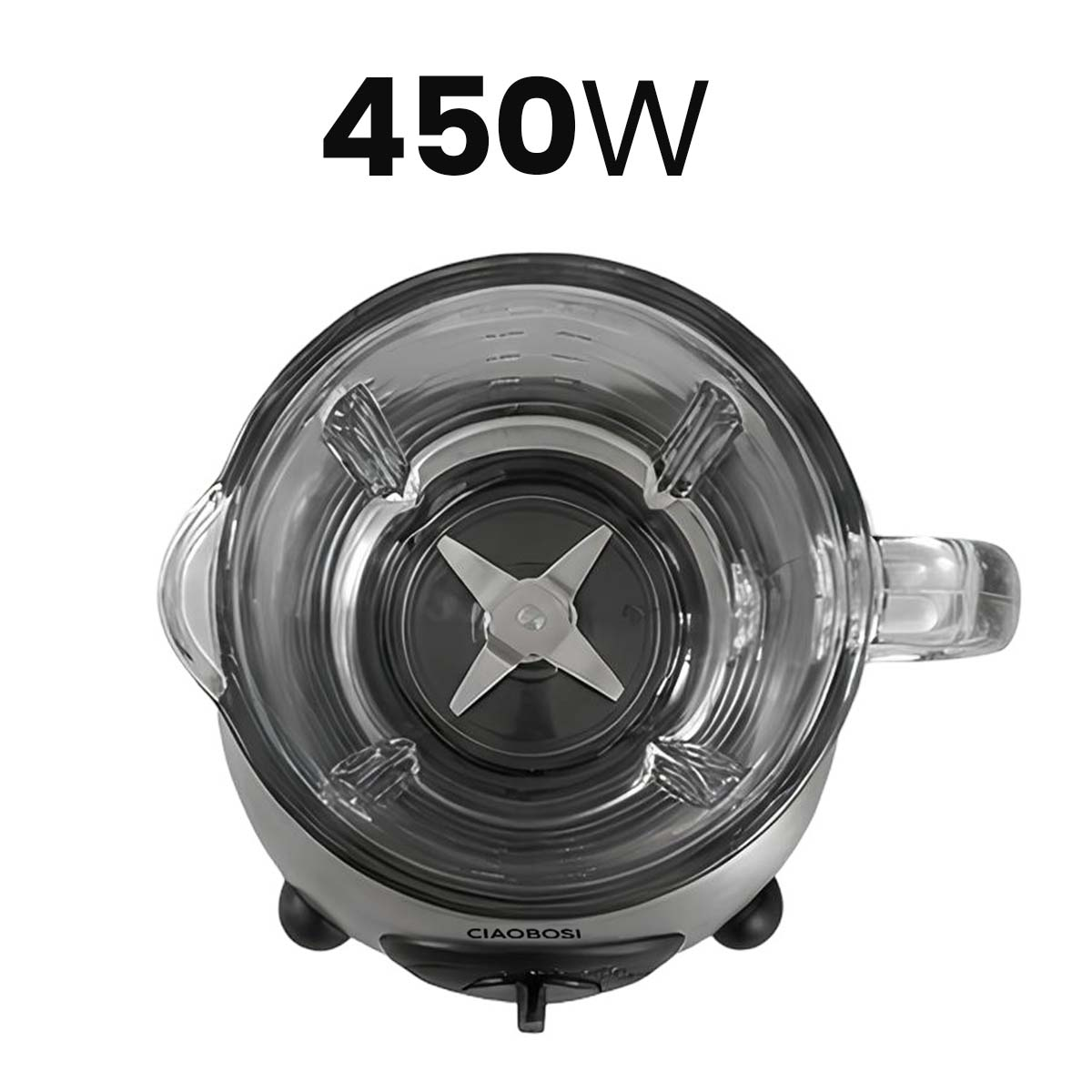 Batidora CIAOBOESI de 450W, vista superior del recipiente y las cuchillas.