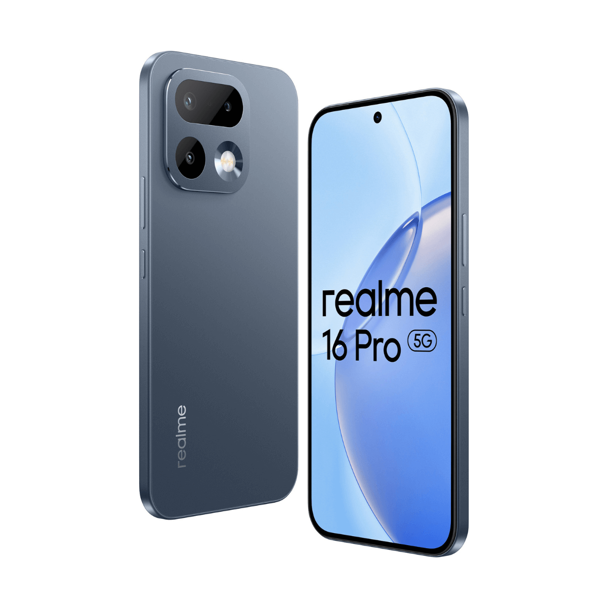 Szary smartfon Realme 16 Pro 5G z podwójnym aparatem z tyłu.