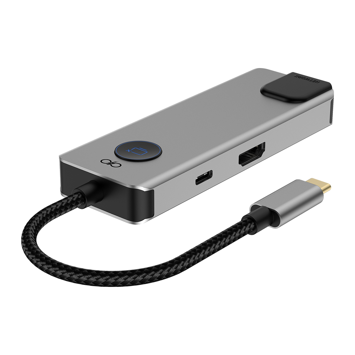 Un hub USB-C argenté avec bouton, ports HDMI et USB, et un câble.