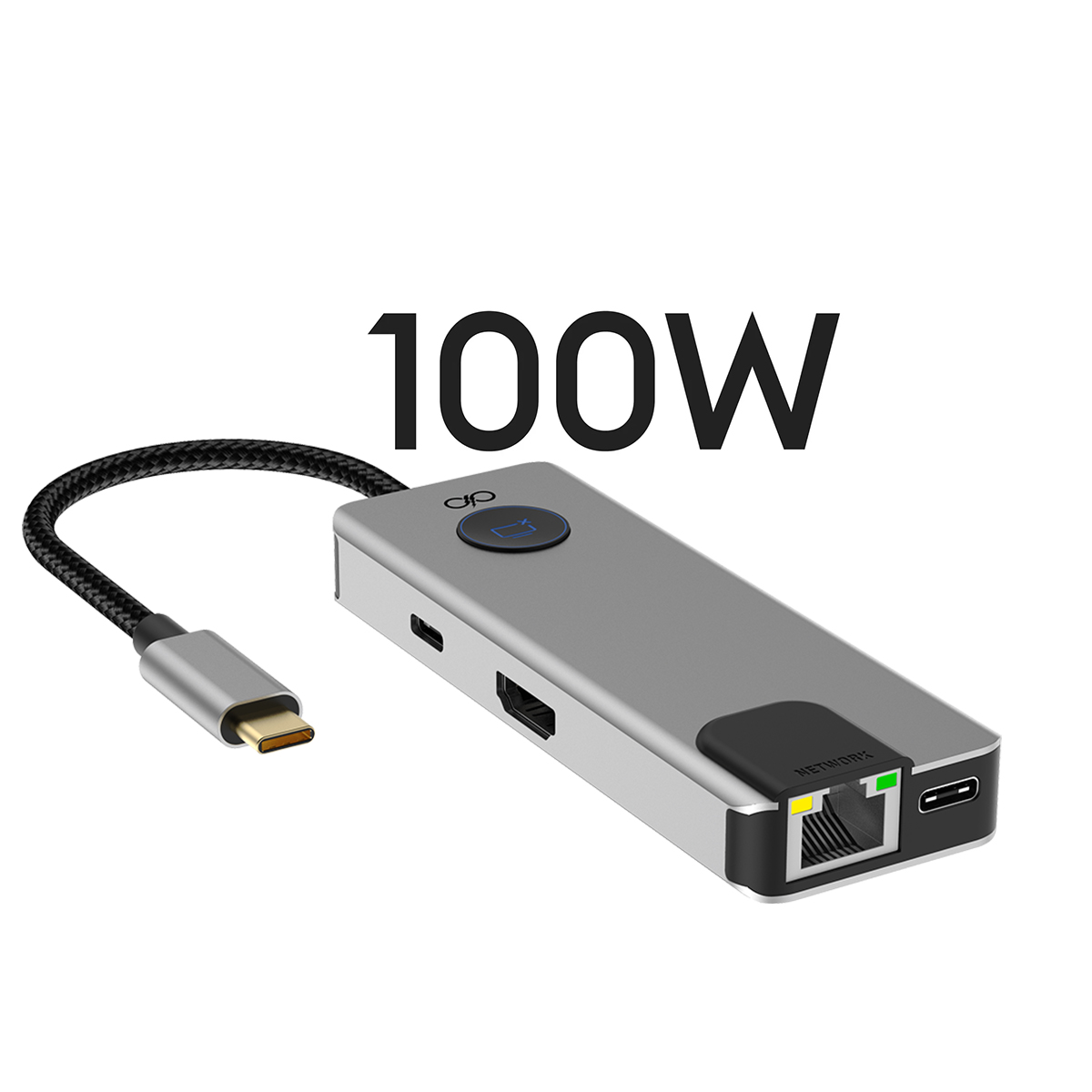 Un hub USB-C argenté avec inscription 100W, HDMI, réseau et port USB-C.