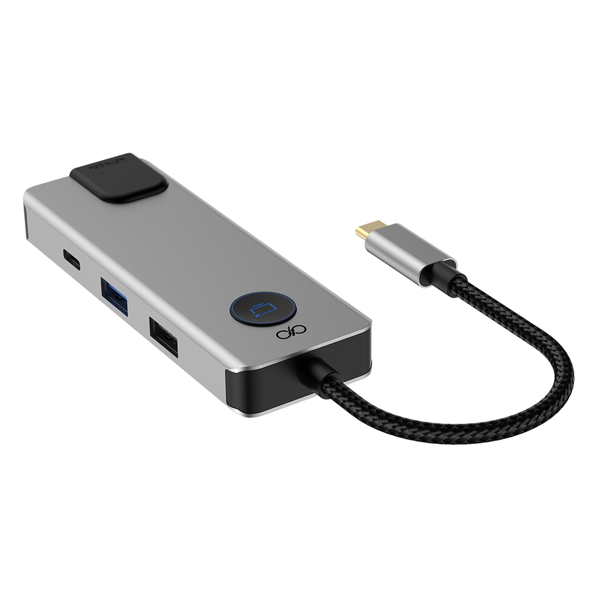 Hub USB-C argenté avec deux ports USB-A et un symbole réseau.