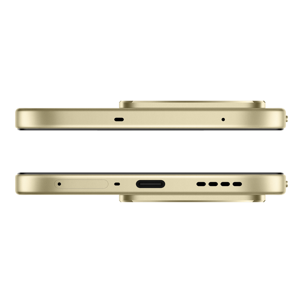 Oben und unten Ansicht eines goldenen Smartphones mit Anschlüssen.