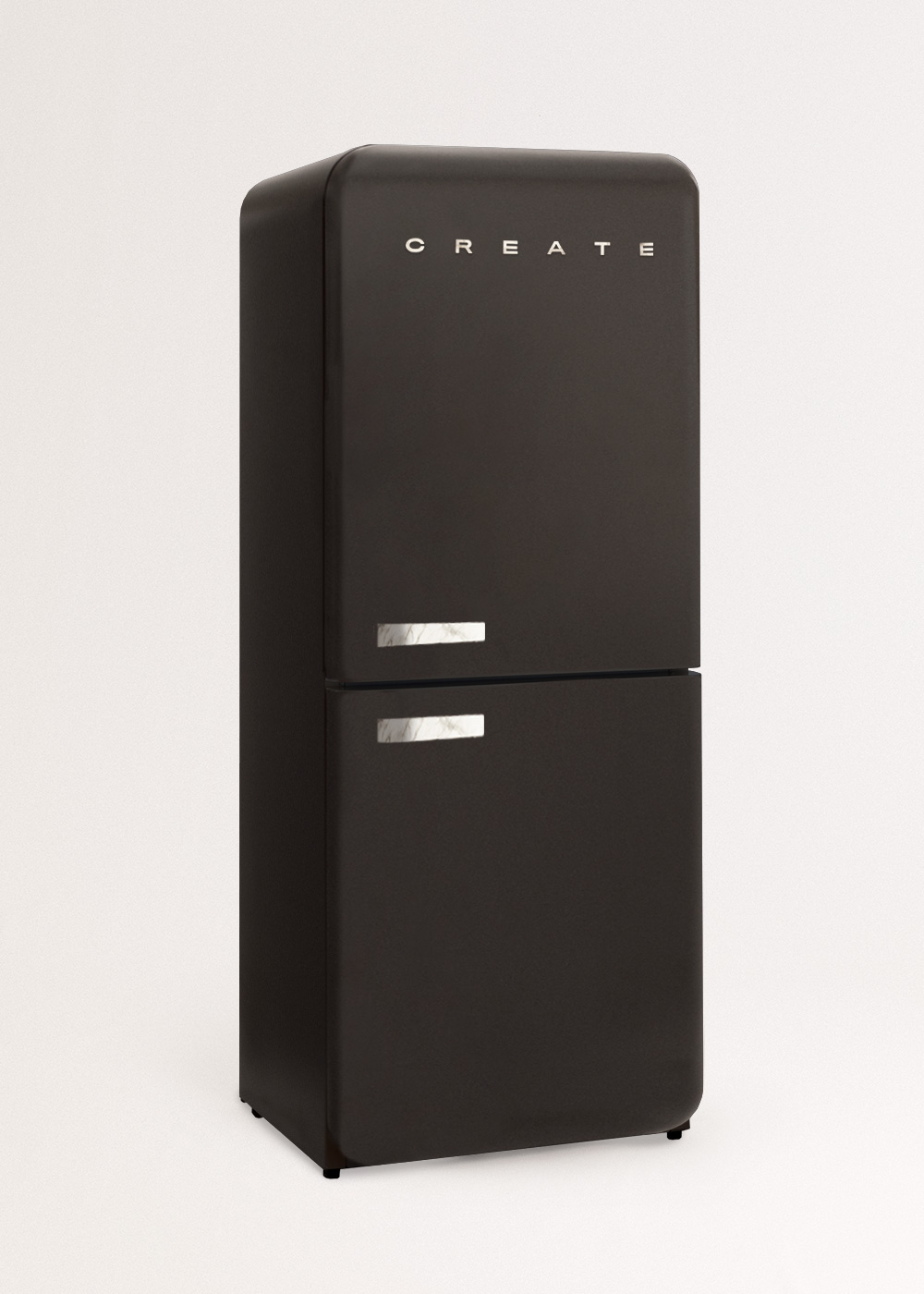 Un refrigerador negro con manijas plateadas y la palabra CREATE.
