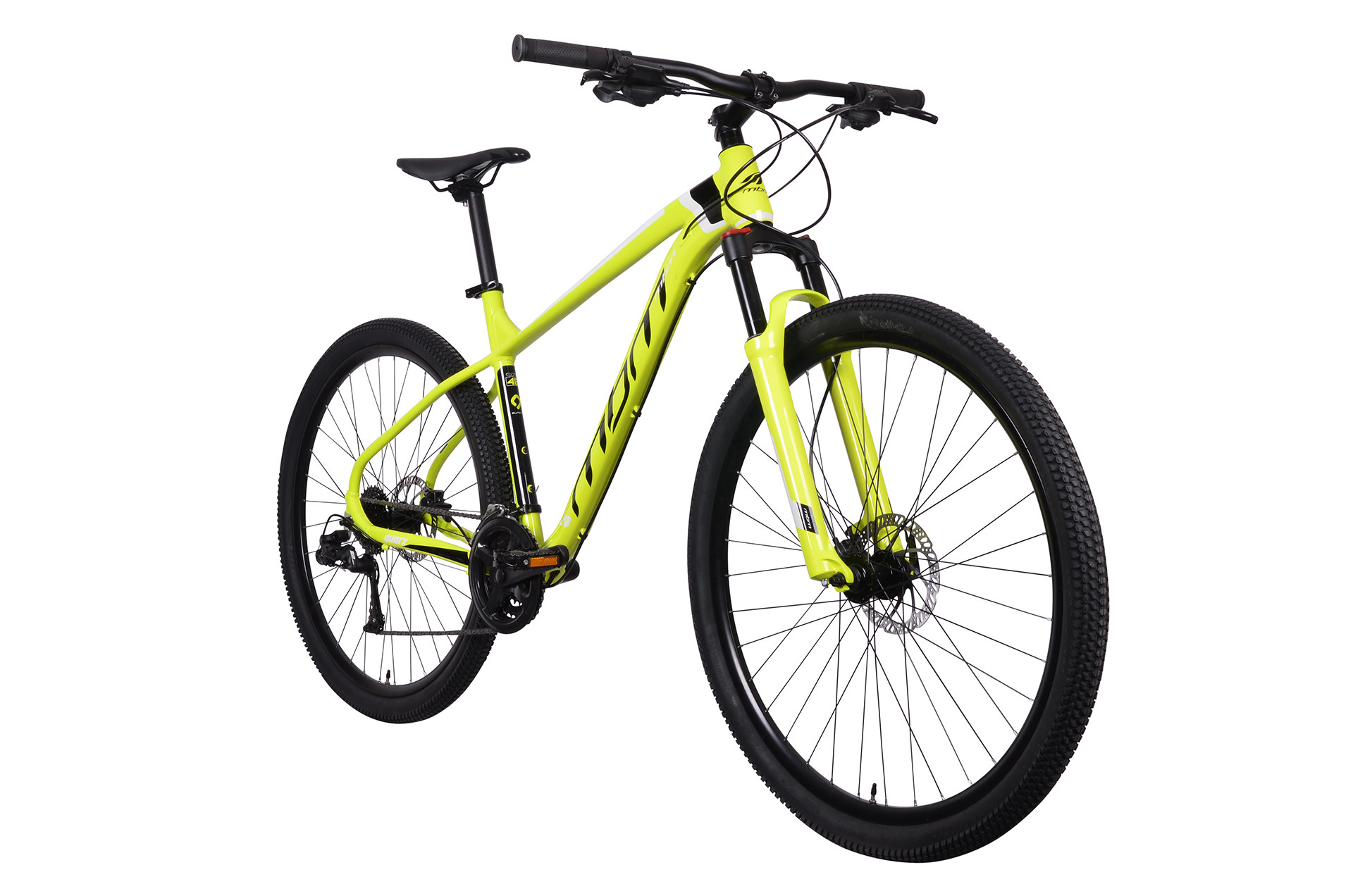 Jasnożółty rower z czarnymi oponami i obręczami, na białym tle.