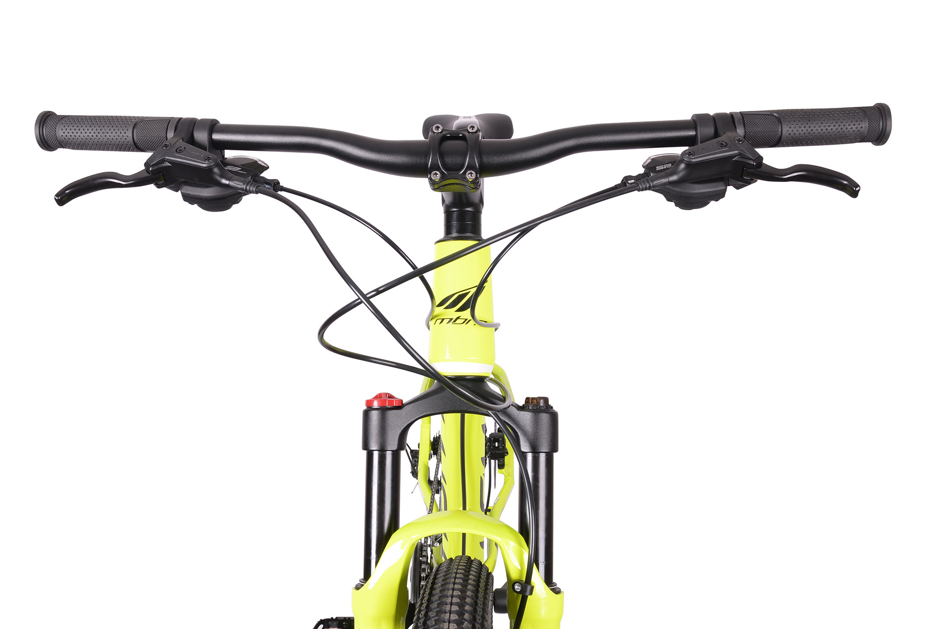 Przód jasnozielonego roweru górskiego z czarną kierownicą i widelcami.