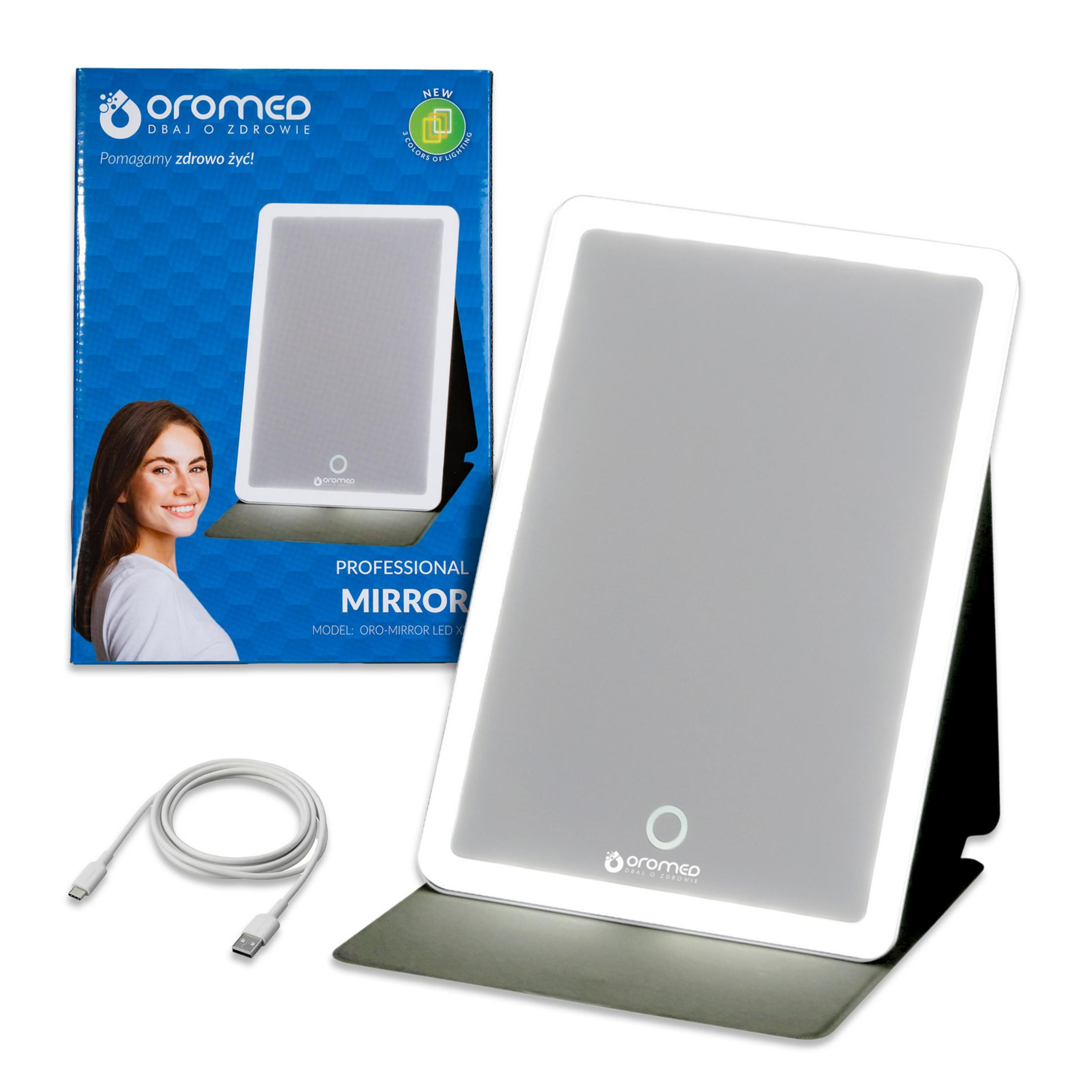 Specchio professionale illuminato con cavo USB e confezione.