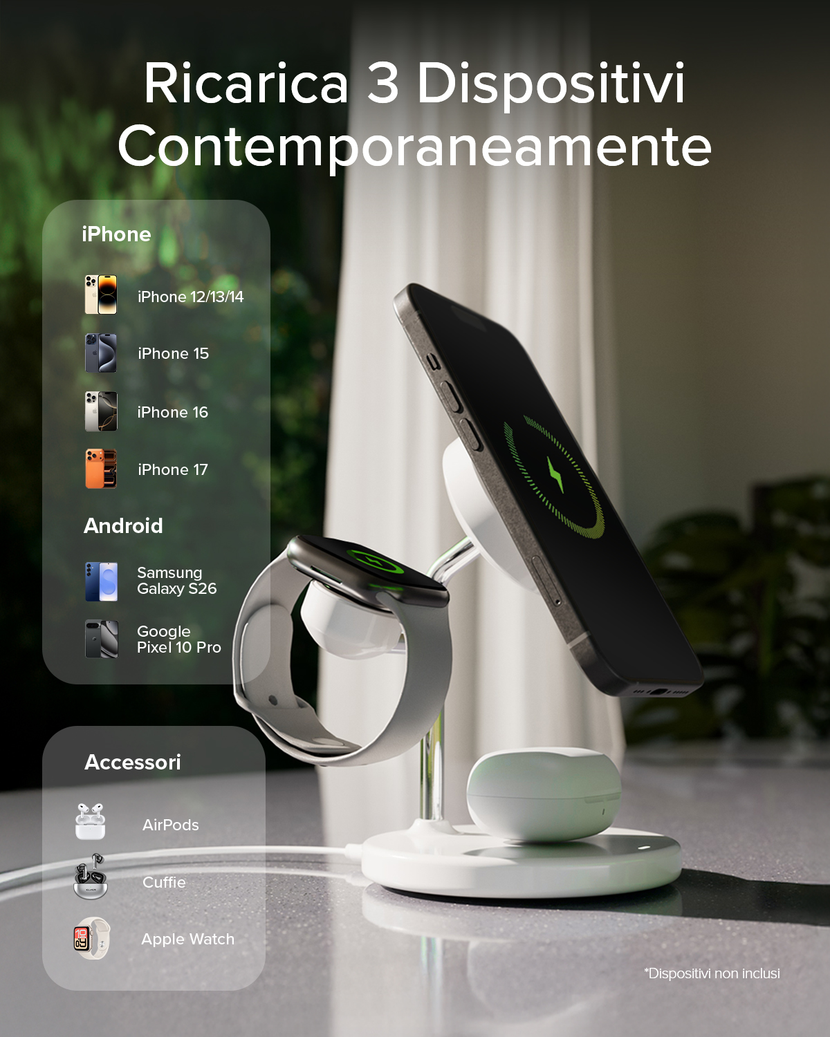 Un soporte de carga con iPhone, Apple Watch y auriculares.
