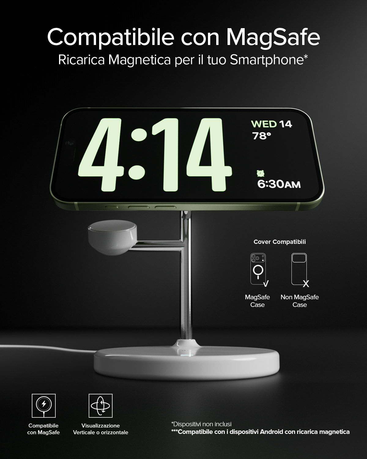 Cargador MagSafe con iPhone mostrando hora 4:14 y 78 grados.
