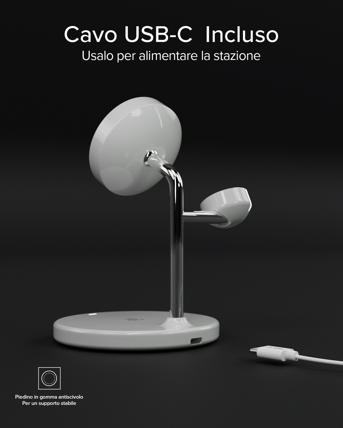 Estación de carga blanca con cable USB-C sobre fondo negro.