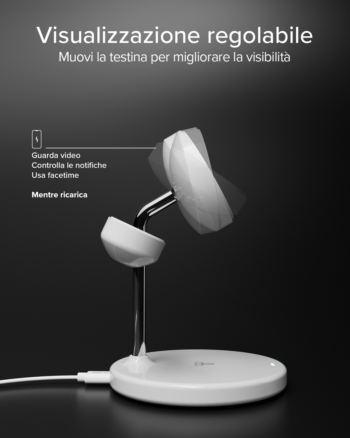 Un soporte blanco y ajustable para teléfono con cable de carga sobre fondo negro.